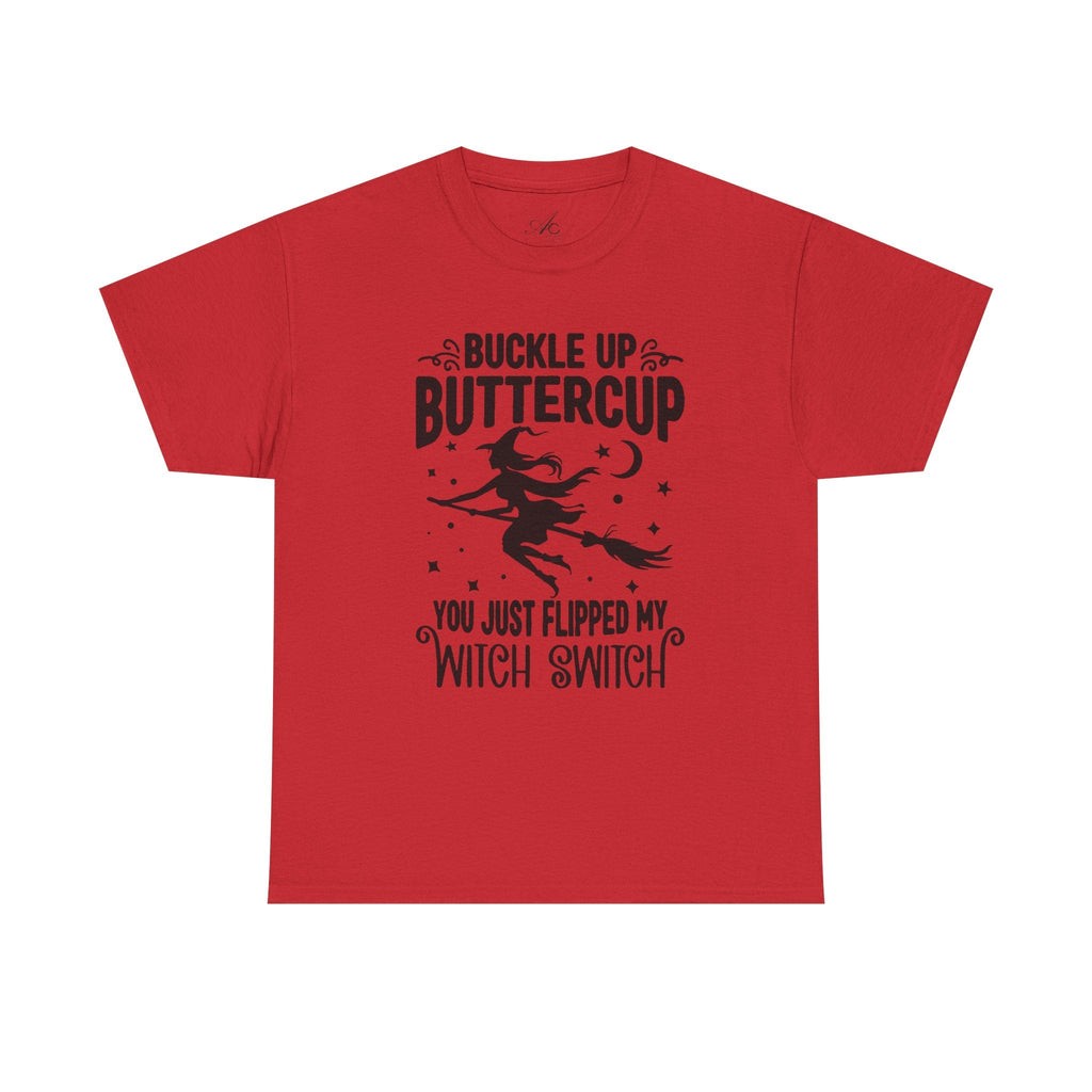 Witchy Humor Tee - Buckle Up Buttercup, Unisex Heavy Cotton Tee, Halloween Shirt, Casual Wear, Gift for Her, Funny T-Shirt - Metamorphosis Creations