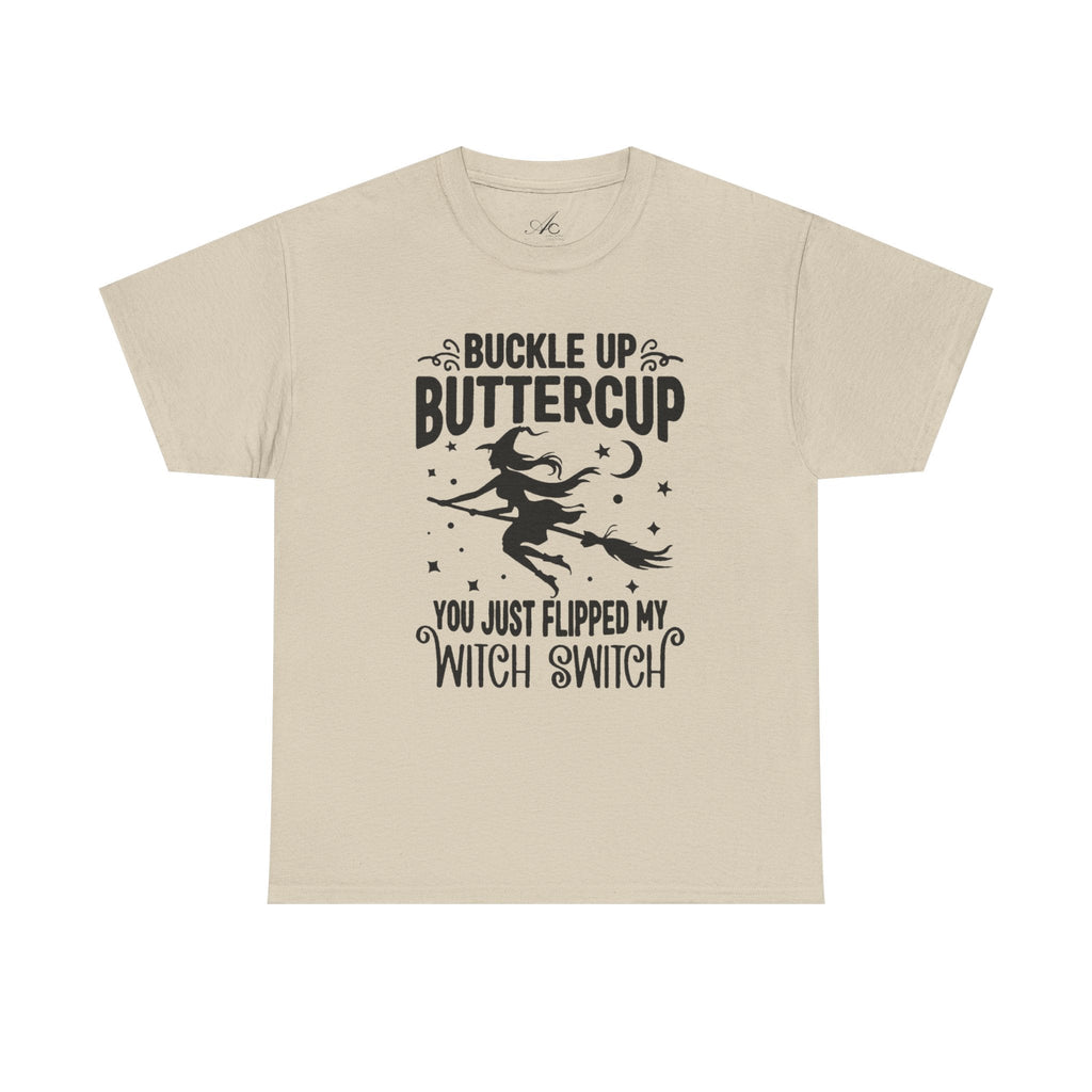 Witchy Humor Tee - Buckle Up Buttercup, Unisex Heavy Cotton Tee, Halloween Shirt, Casual Wear, Gift for Her, Funny T-Shirt - Metamorphosis Creations