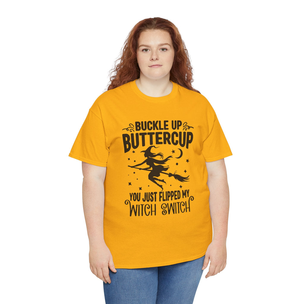 Witchy Humor Tee - Buckle Up Buttercup, Unisex Heavy Cotton Tee, Halloween Shirt, Casual Wear, Gift for Her, Funny T-Shirt - Metamorphosis Creations