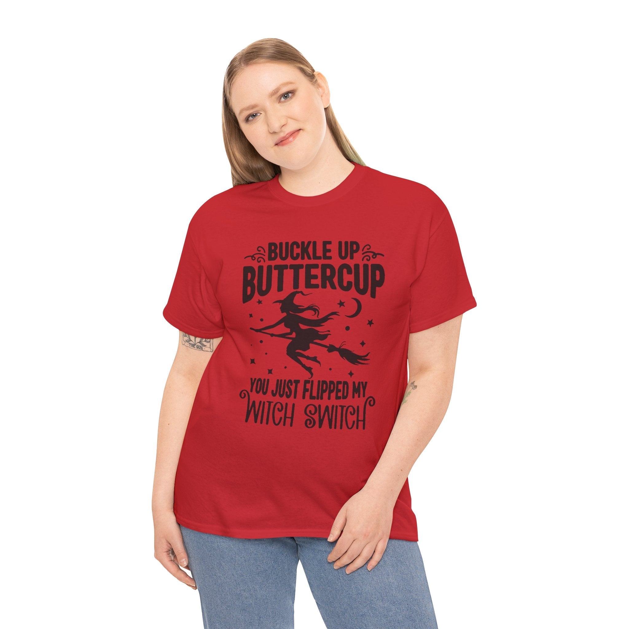 Witchy Humor Tee - Buckle Up Buttercup, Unisex Heavy Cotton Tee, Halloween Shirt, Casual Wear, Gift for Her, Funny T-Shirt - Metamorphosis Creations