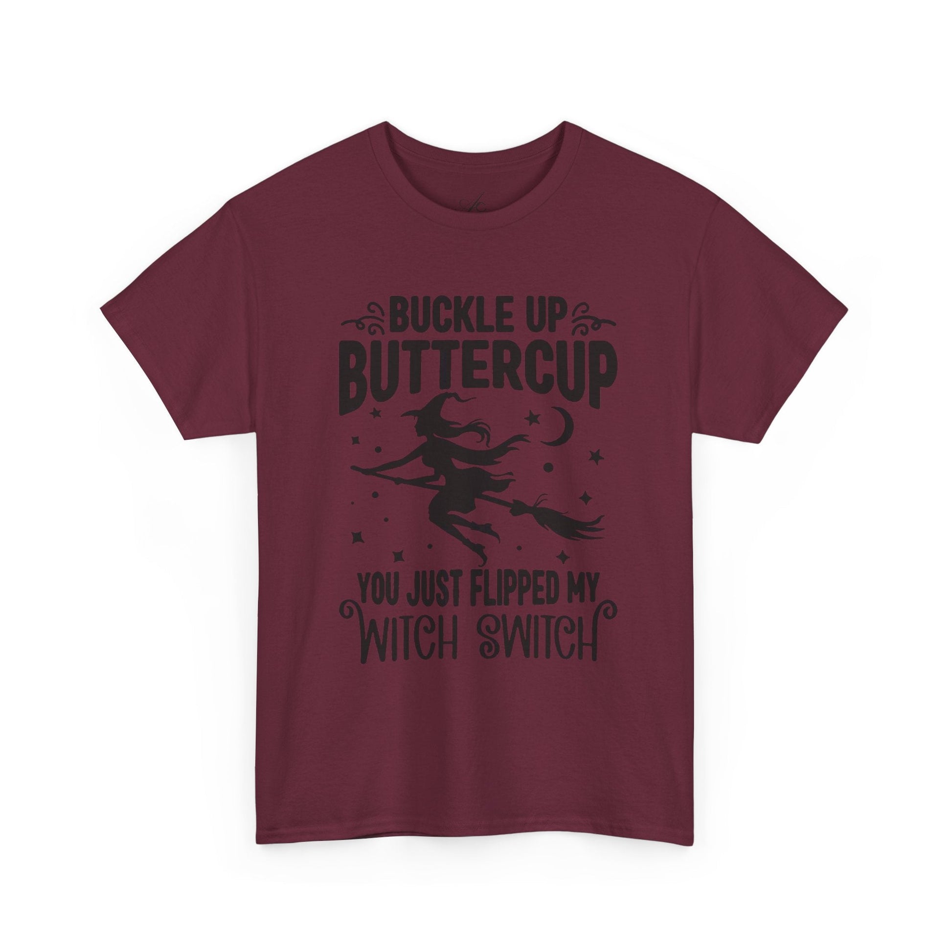 Witchy Humor Tee - Buckle Up Buttercup, Unisex Heavy Cotton Tee, Halloween Shirt, Casual Wear, Gift for Her, Funny T-Shirt - Metamorphosis Creations