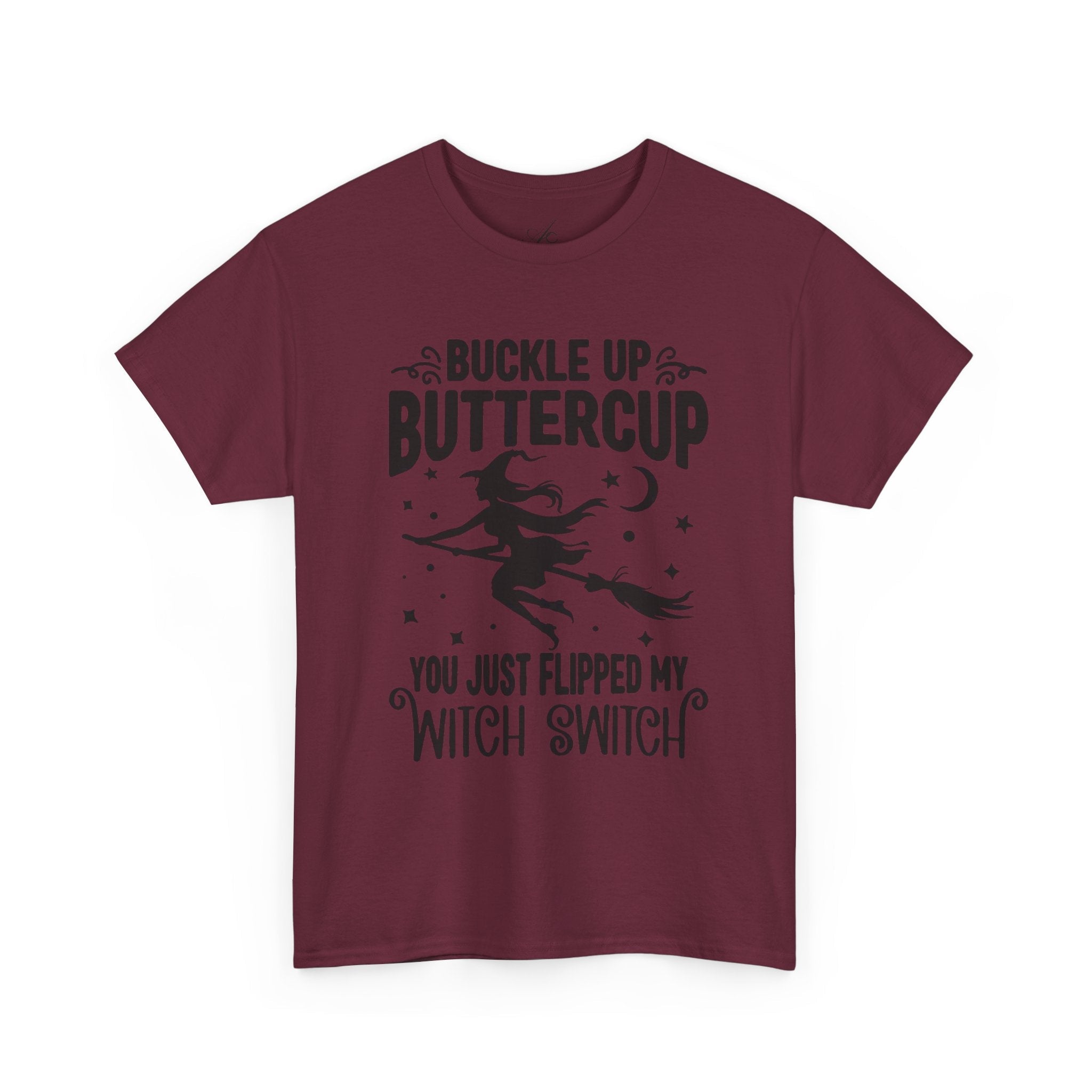 Witchy Humor Tee - Buckle Up Buttercup, Unisex Heavy Cotton Tee, Halloween Shirt, Casual Wear, Gift for Her, Funny T-Shirt - Metamorphosis Creations