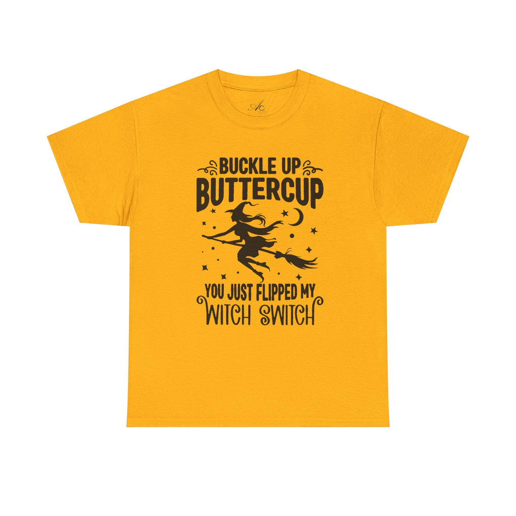 Witchy Humor Tee - Buckle Up Buttercup, Unisex Heavy Cotton Tee, Halloween Shirt, Casual Wear, Gift for Her, Funny T-Shirt - Metamorphosis Creations