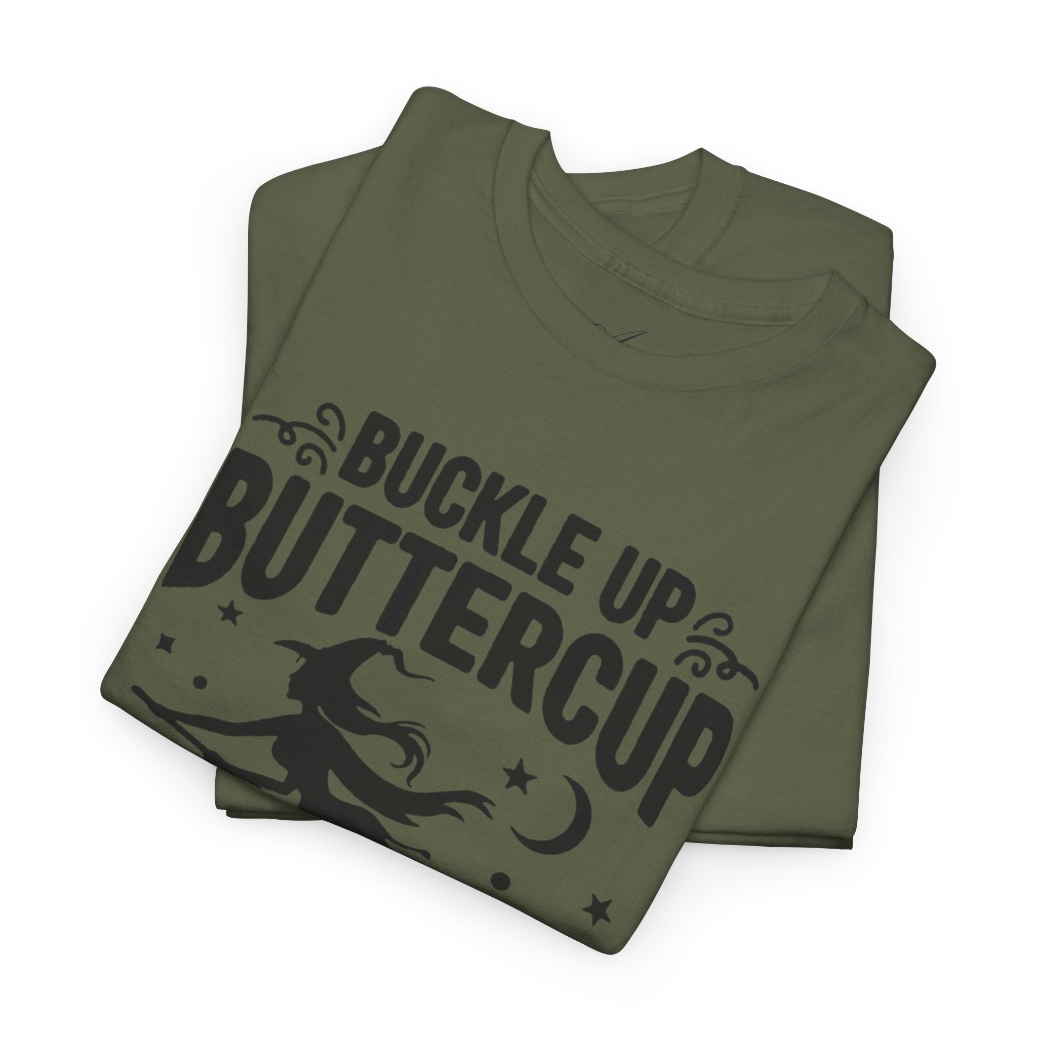 Witchy Humor Tee - Buckle Up Buttercup, Unisex Heavy Cotton Tee, Halloween Shirt, Casual Wear, Gift for Her, Funny T-Shirt - Metamorphosis Creations