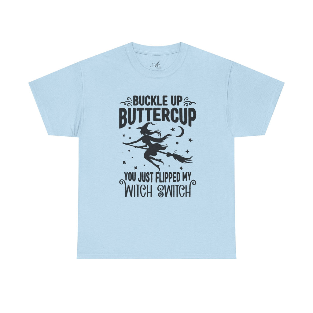 Witchy Humor Tee - Buckle Up Buttercup, Unisex Heavy Cotton Tee, Halloween Shirt, Casual Wear, Gift for Her, Funny T-Shirt - Metamorphosis Creations
