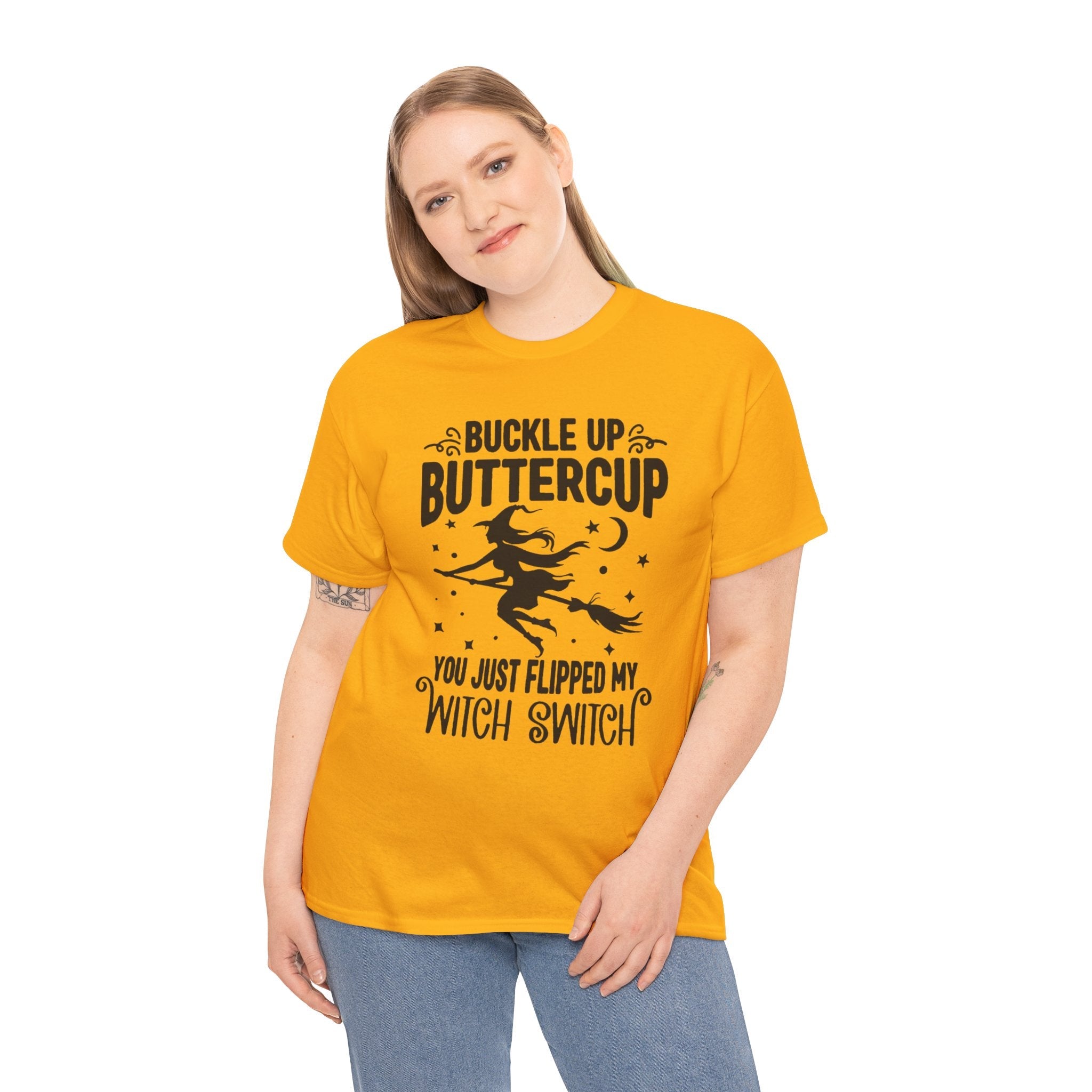 Witchy Humor Tee - Buckle Up Buttercup, Unisex Heavy Cotton Tee, Halloween Shirt, Casual Wear, Gift for Her, Funny T-Shirt - Metamorphosis Creations