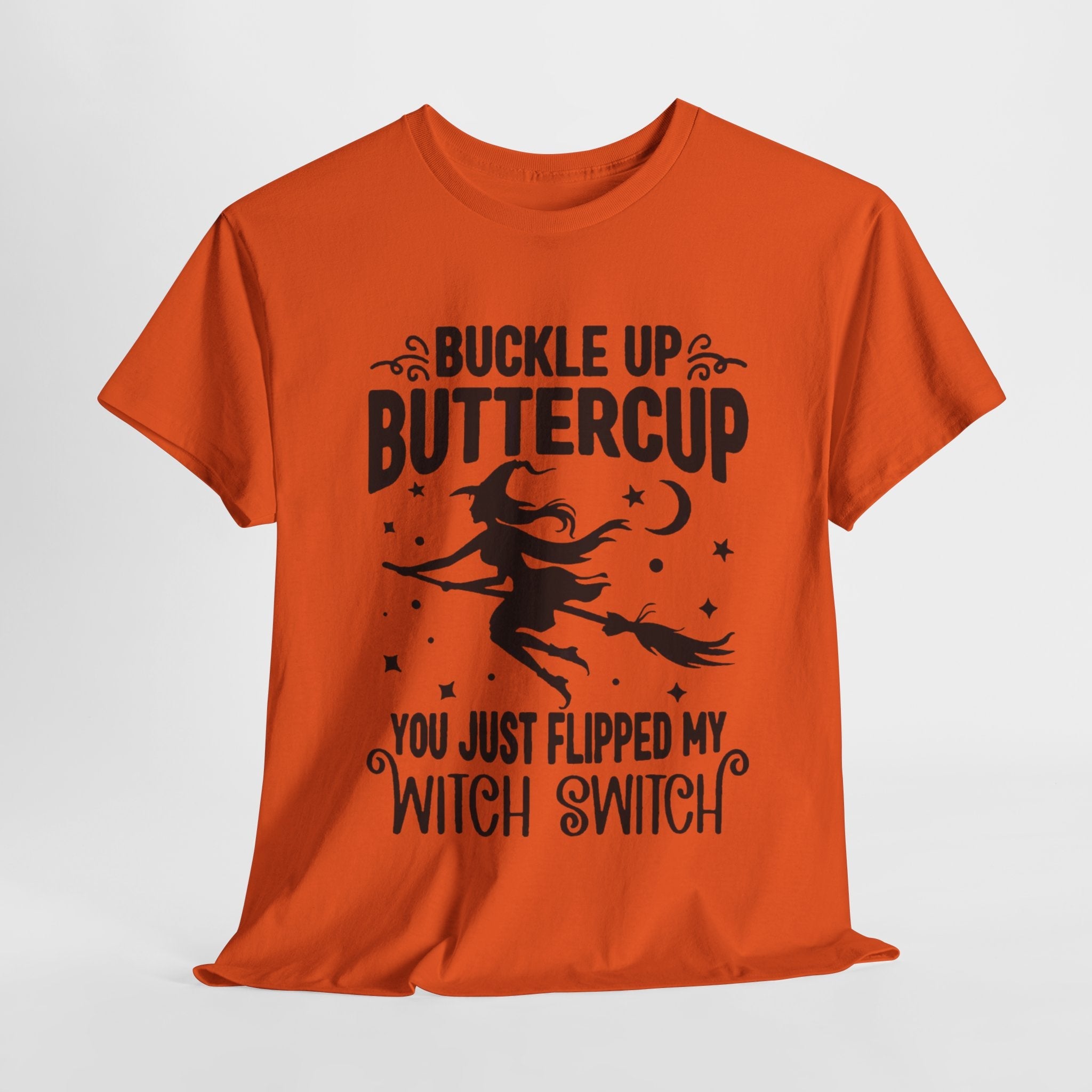 Witchy Humor Tee - Buckle Up Buttercup, Unisex Heavy Cotton Tee, Halloween Shirt, Casual Wear, Gift for Her, Funny T-Shirt - Metamorphosis Creations