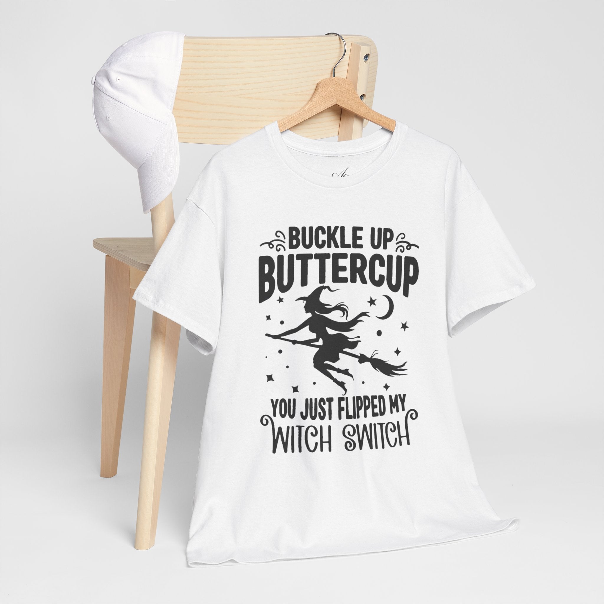 Witchy Humor Tee - Buckle Up Buttercup, Unisex Heavy Cotton Tee, Halloween Shirt, Casual Wear, Gift for Her, Funny T-Shirt - Metamorphosis Creations