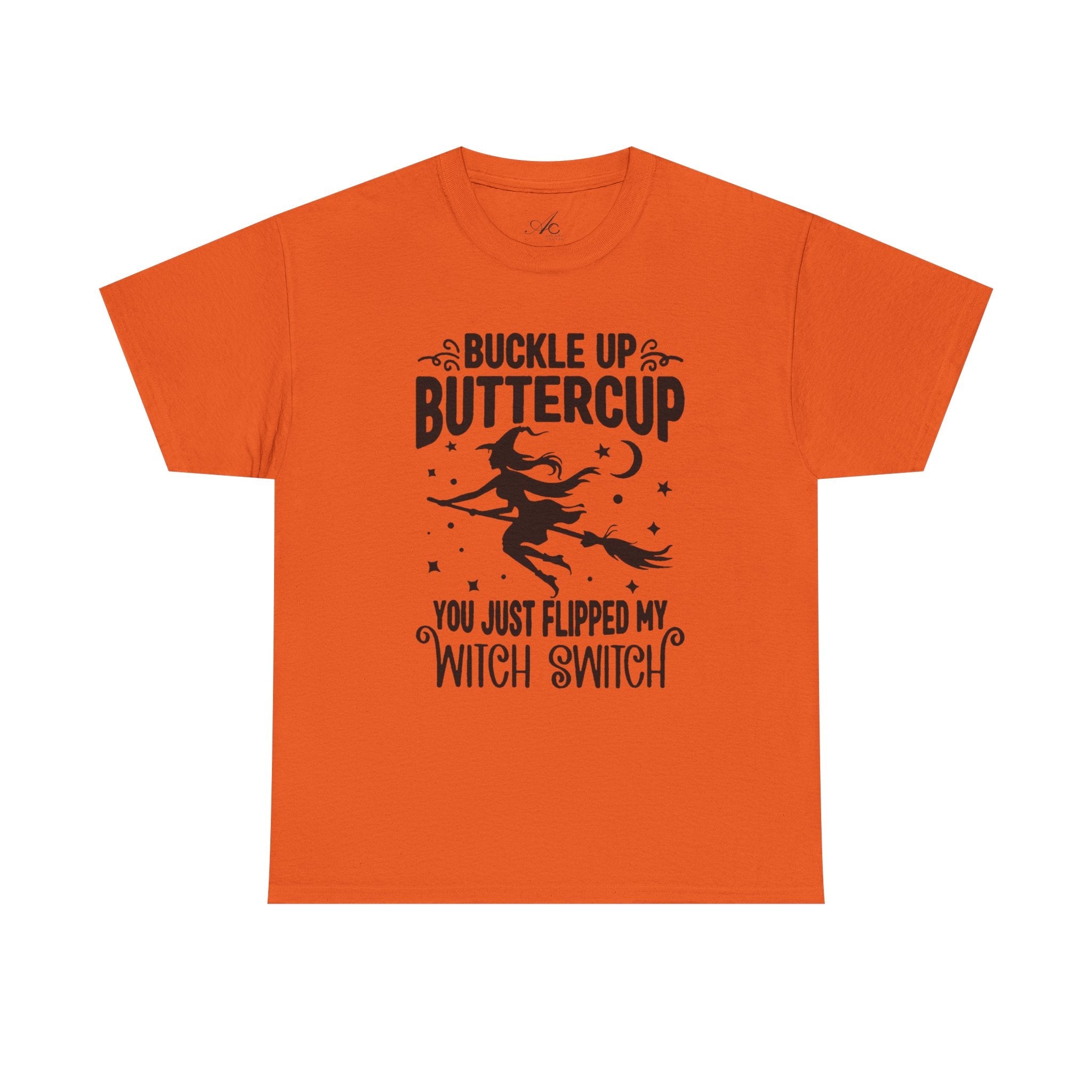 Witchy Humor Tee - Buckle Up Buttercup, Unisex Heavy Cotton Tee, Halloween Shirt, Casual Wear, Gift for Her, Funny T-Shirt - Metamorphosis Creations