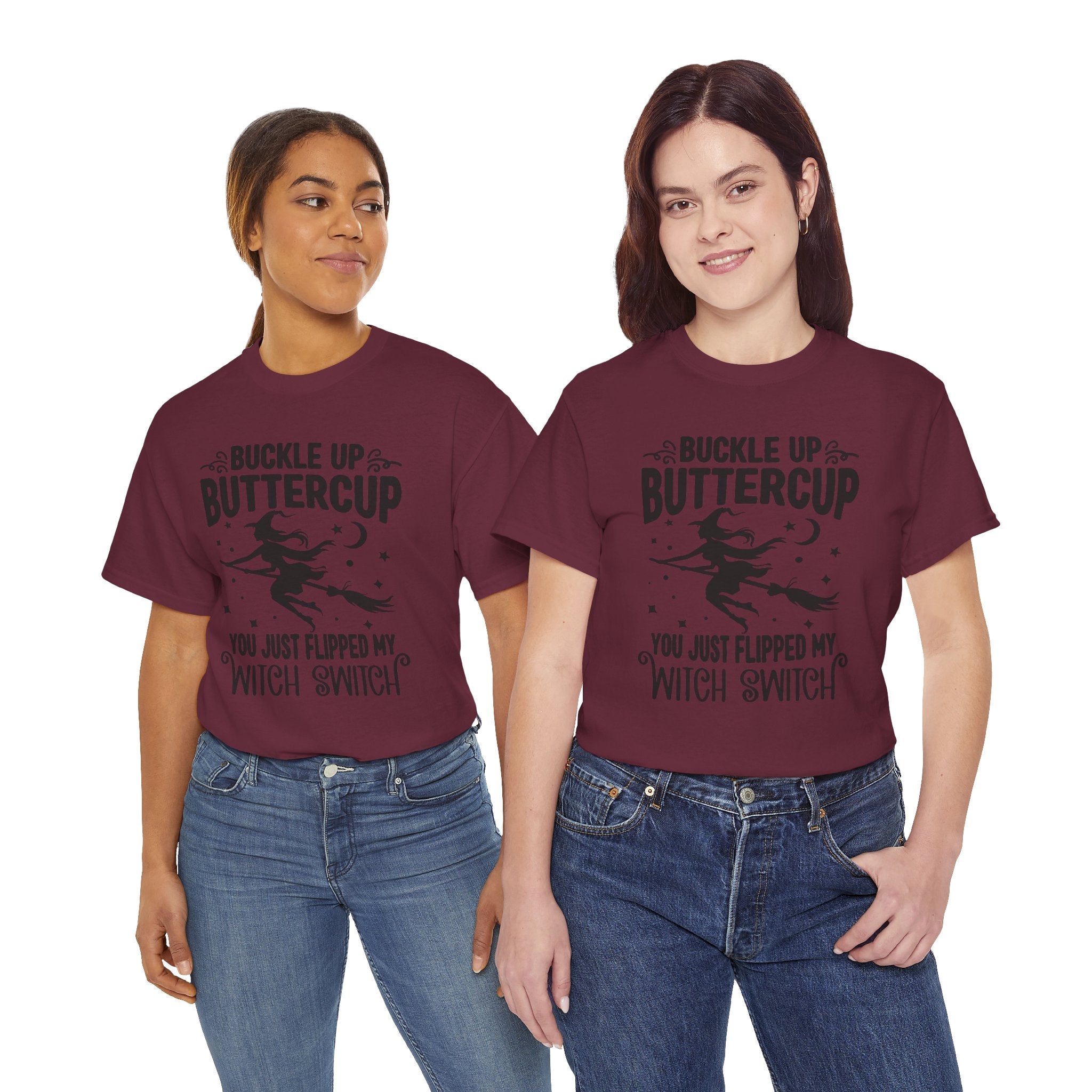 Witchy Humor Tee - Buckle Up Buttercup, Unisex Heavy Cotton Tee, Halloween Shirt, Casual Wear, Gift for Her, Funny T-Shirt - Metamorphosis Creations