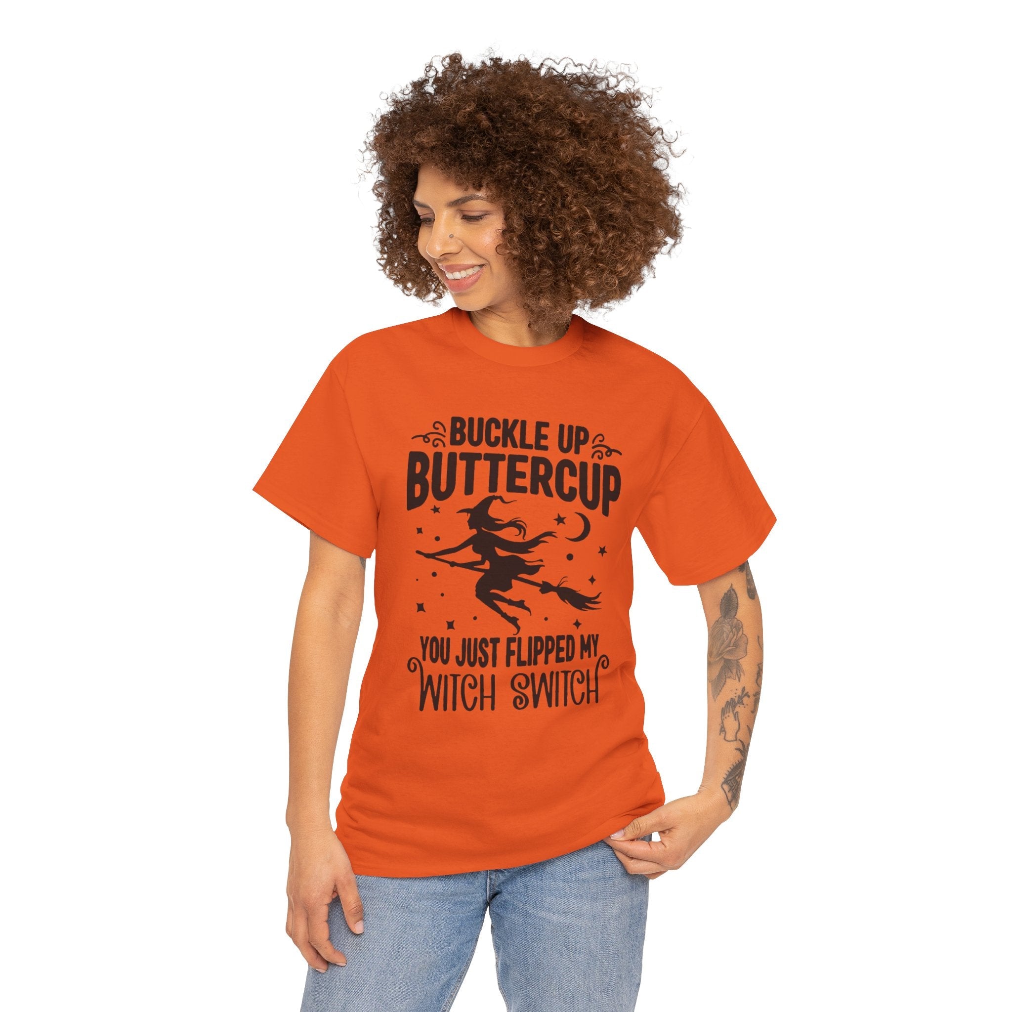 Witchy Humor Tee - Buckle Up Buttercup, Unisex Heavy Cotton Tee, Halloween Shirt, Casual Wear, Gift for Her, Funny T-Shirt - Metamorphosis Creations