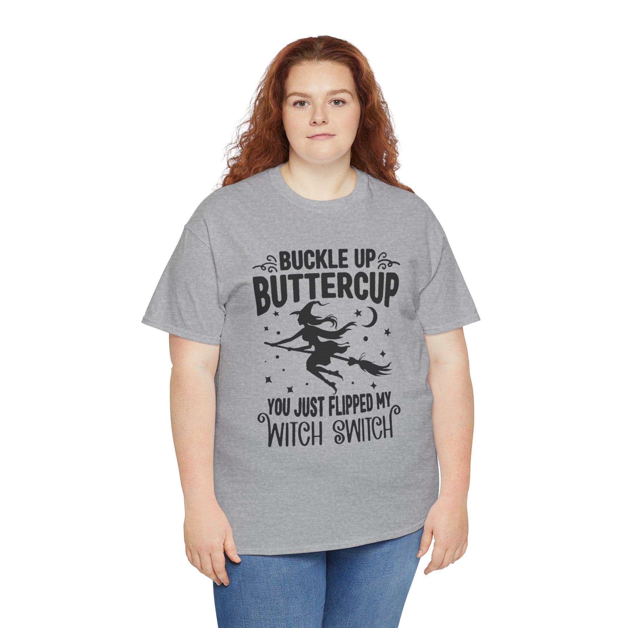 Witchy Humor Tee - Buckle Up Buttercup, Unisex Heavy Cotton Tee, Halloween Shirt, Casual Wear, Gift for Her, Funny T-Shirt - Metamorphosis Creations