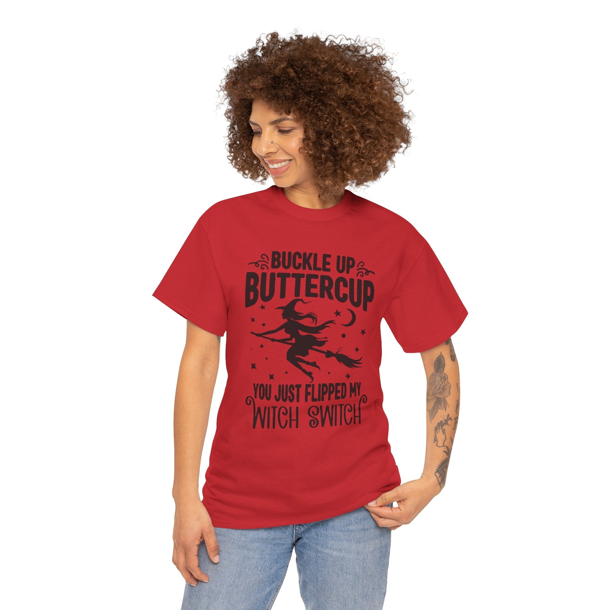 Witchy Humor Tee - Buckle Up Buttercup, Unisex Heavy Cotton Tee, Halloween Shirt, Casual Wear, Gift for Her, Funny T-Shirt - Metamorphosis Creations