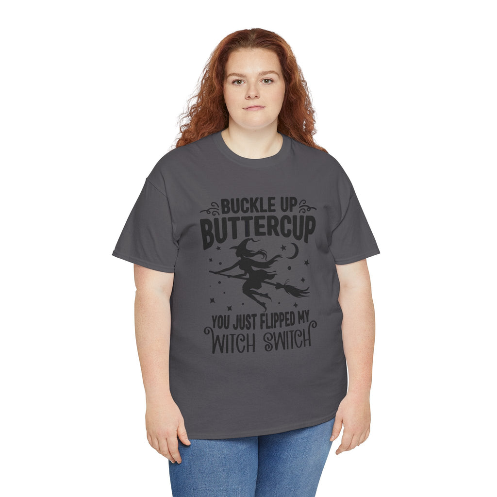 Witchy Humor Tee - Buckle Up Buttercup, Unisex Heavy Cotton Tee, Halloween Shirt, Casual Wear, Gift for Her, Funny T-Shirt - Metamorphosis Creations
