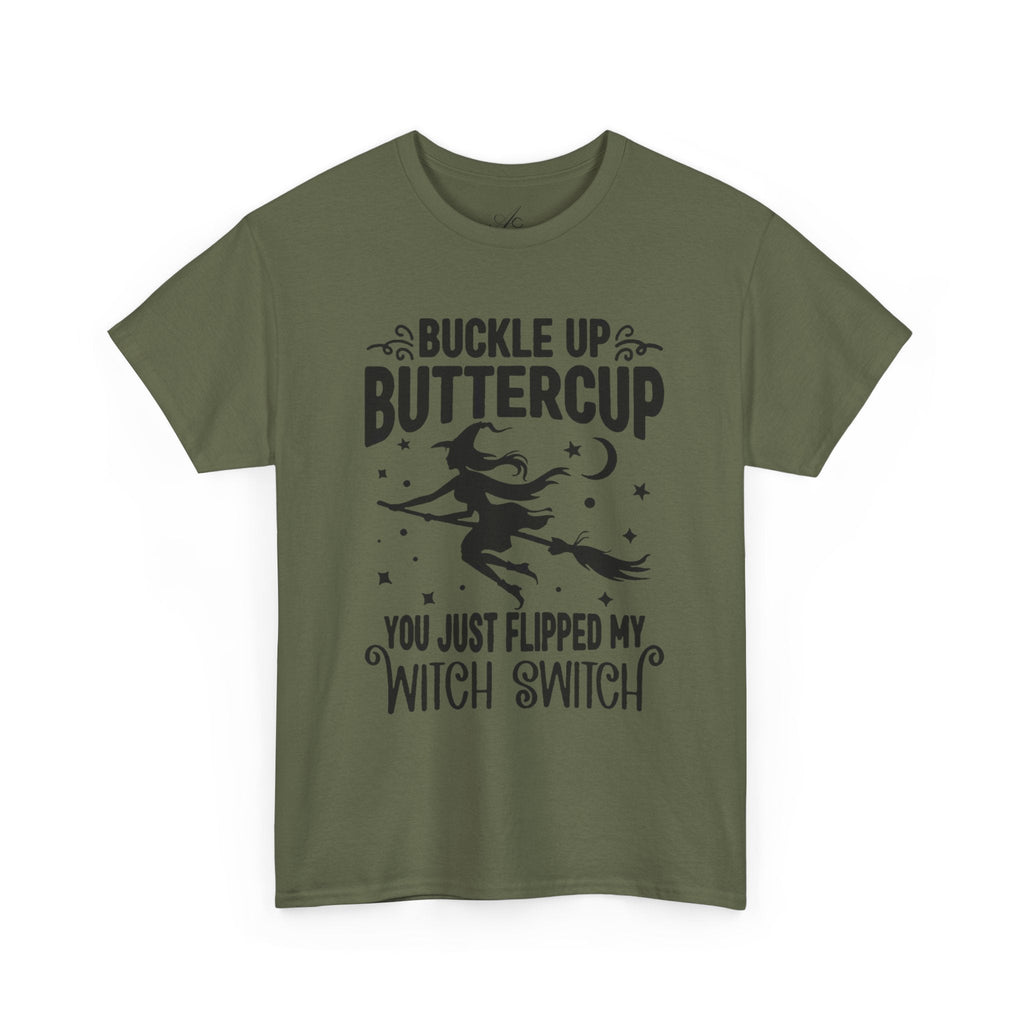 Witchy Humor Tee - Buckle Up Buttercup, Unisex Heavy Cotton Tee, Halloween Shirt, Casual Wear, Gift for Her, Funny T-Shirt - Metamorphosis Creations