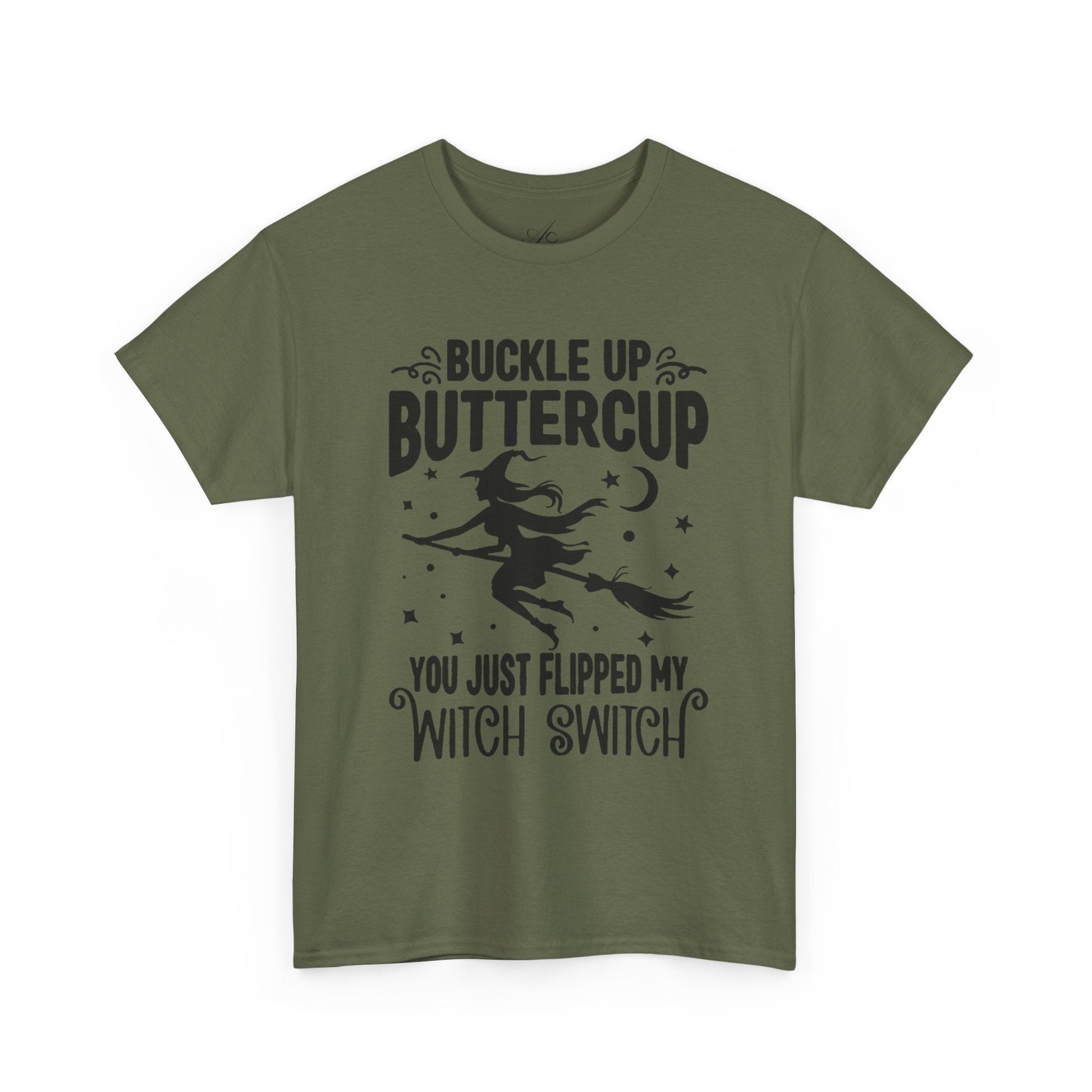 Witchy Humor Tee - Buckle Up Buttercup, Unisex Heavy Cotton Tee, Halloween Shirt, Casual Wear, Gift for Her, Funny T-Shirt - Metamorphosis Creations