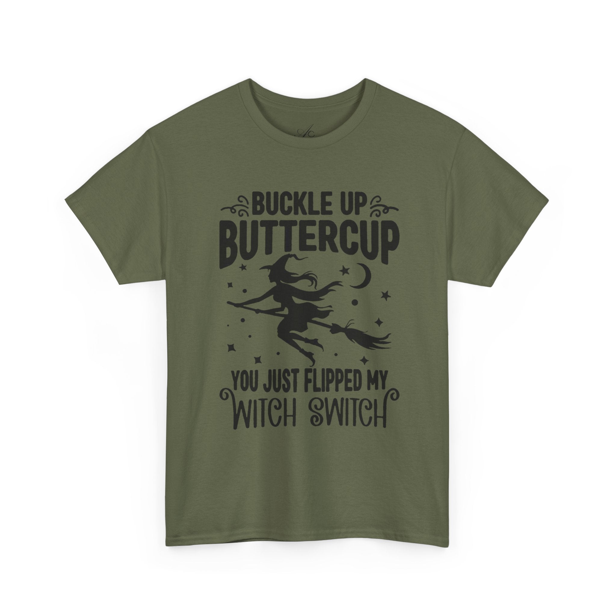 Witchy Humor Tee - Buckle Up Buttercup, Unisex Heavy Cotton Tee, Halloween Shirt, Casual Wear, Gift for Her, Funny T-Shirt - Metamorphosis Creations