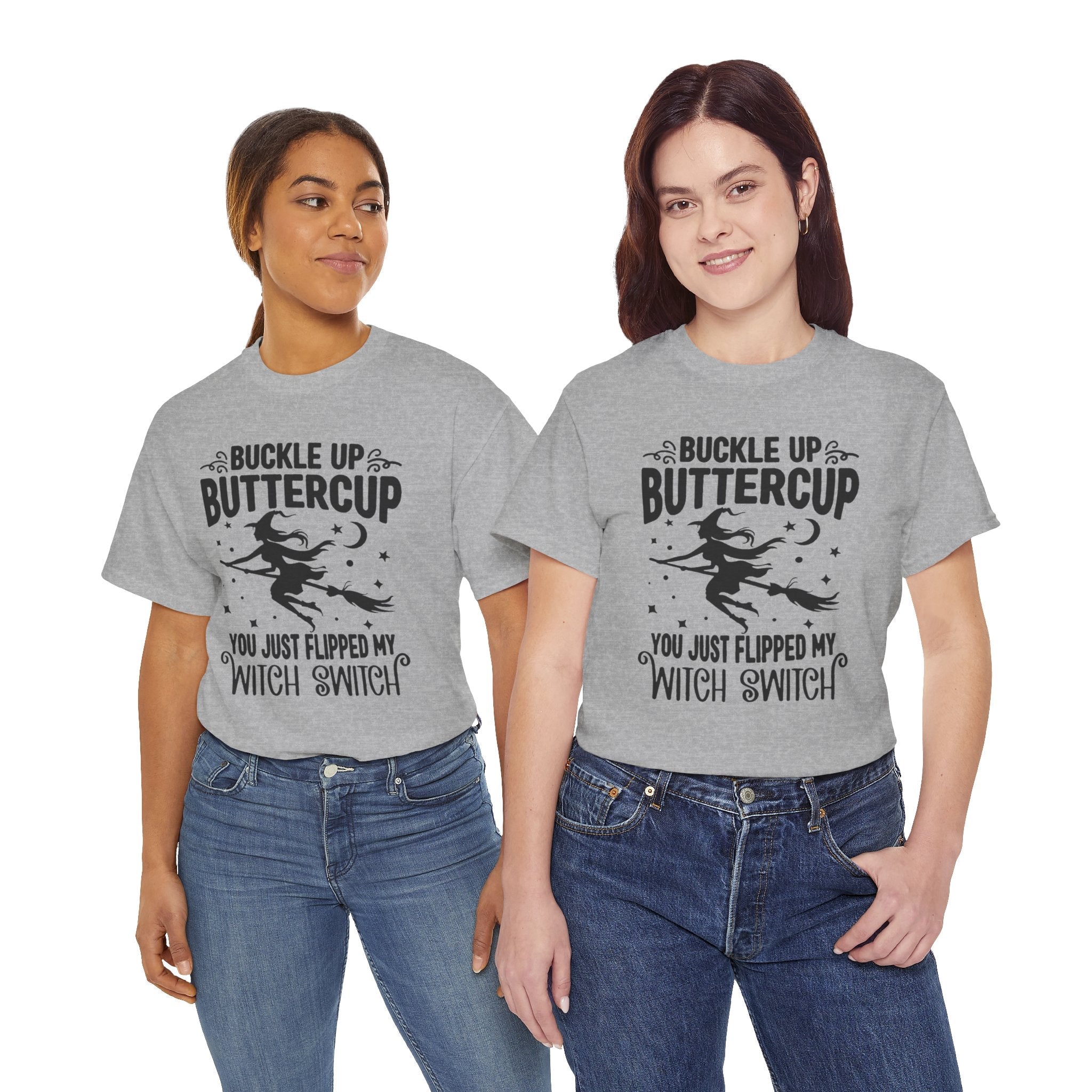 Witchy Humor Tee - Buckle Up Buttercup, Unisex Heavy Cotton Tee, Halloween Shirt, Casual Wear, Gift for Her, Funny T-Shirt - Metamorphosis Creations