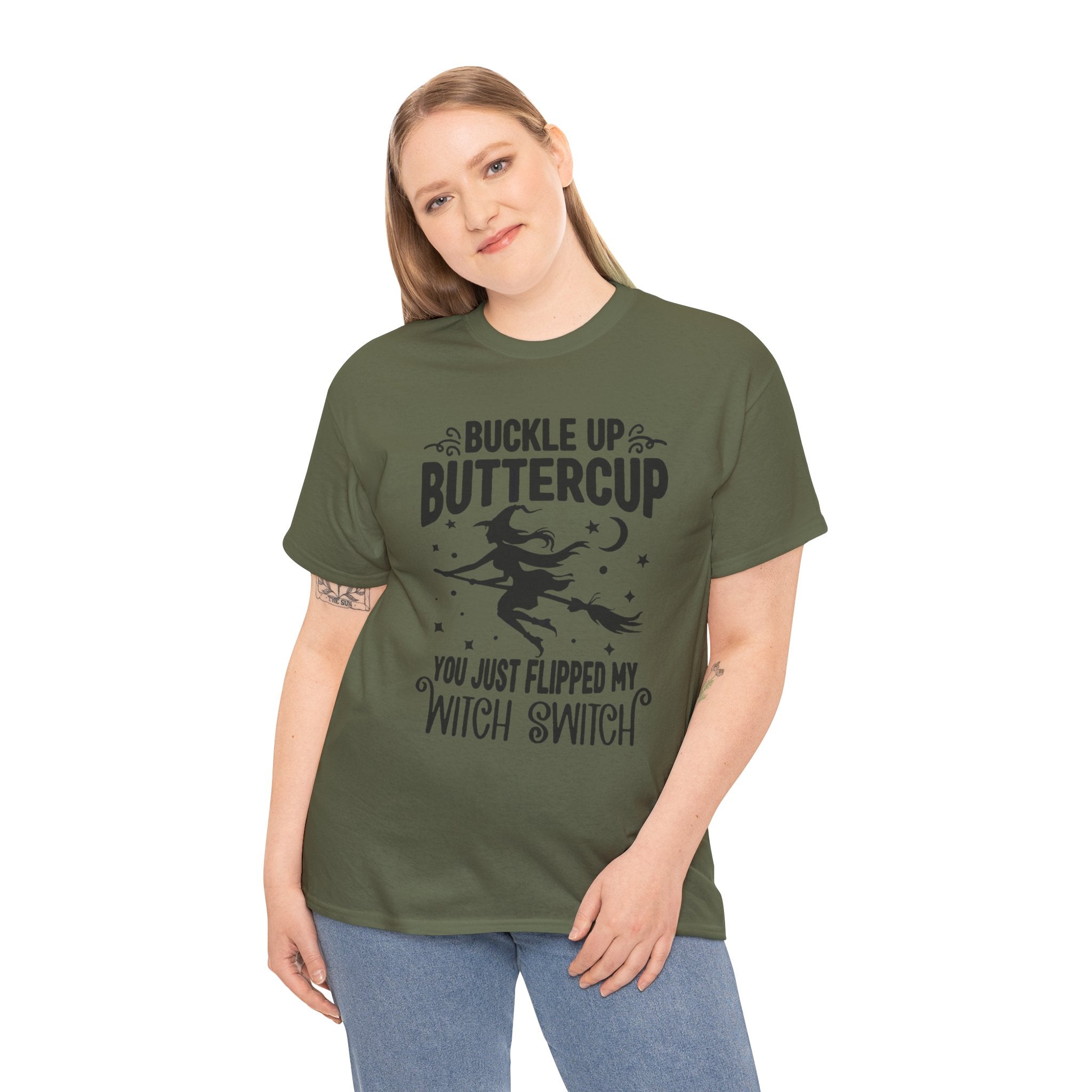 Witchy Humor Tee - Buckle Up Buttercup, Unisex Heavy Cotton Tee, Halloween Shirt, Casual Wear, Gift for Her, Funny T-Shirt - Metamorphosis Creations