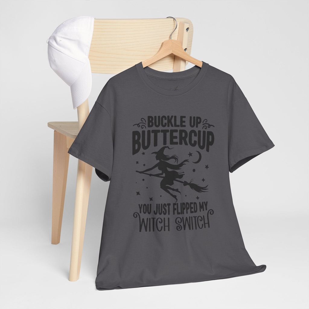 Witchy Humor Tee - Buckle Up Buttercup, Unisex Heavy Cotton Tee, Halloween Shirt, Casual Wear, Gift for Her, Funny T-Shirt - Metamorphosis Creations