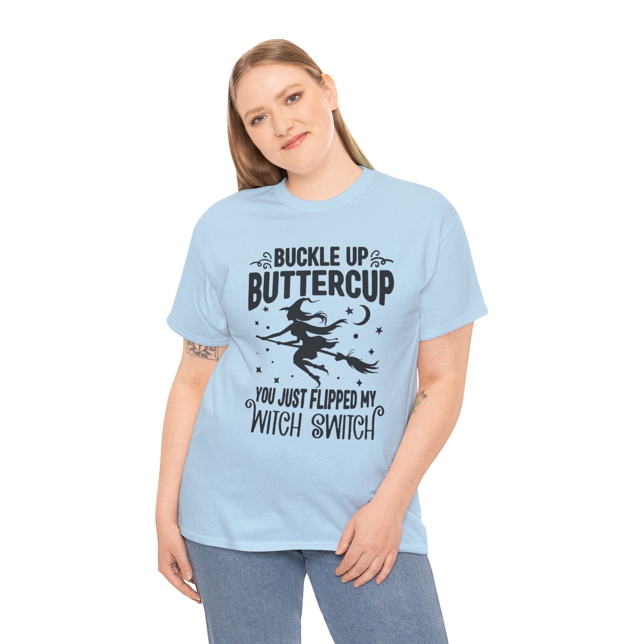 Witchy Humor Tee - Buckle Up Buttercup, Unisex Heavy Cotton Tee, Halloween Shirt, Casual Wear, Gift for Her, Funny T-Shirt - Metamorphosis Creations