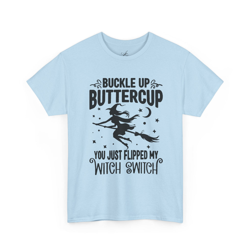 Witchy Humor Tee - Buckle Up Buttercup, Unisex Heavy Cotton Tee, Halloween Shirt, Casual Wear, Gift for Her, Funny T-Shirt - Metamorphosis Creations