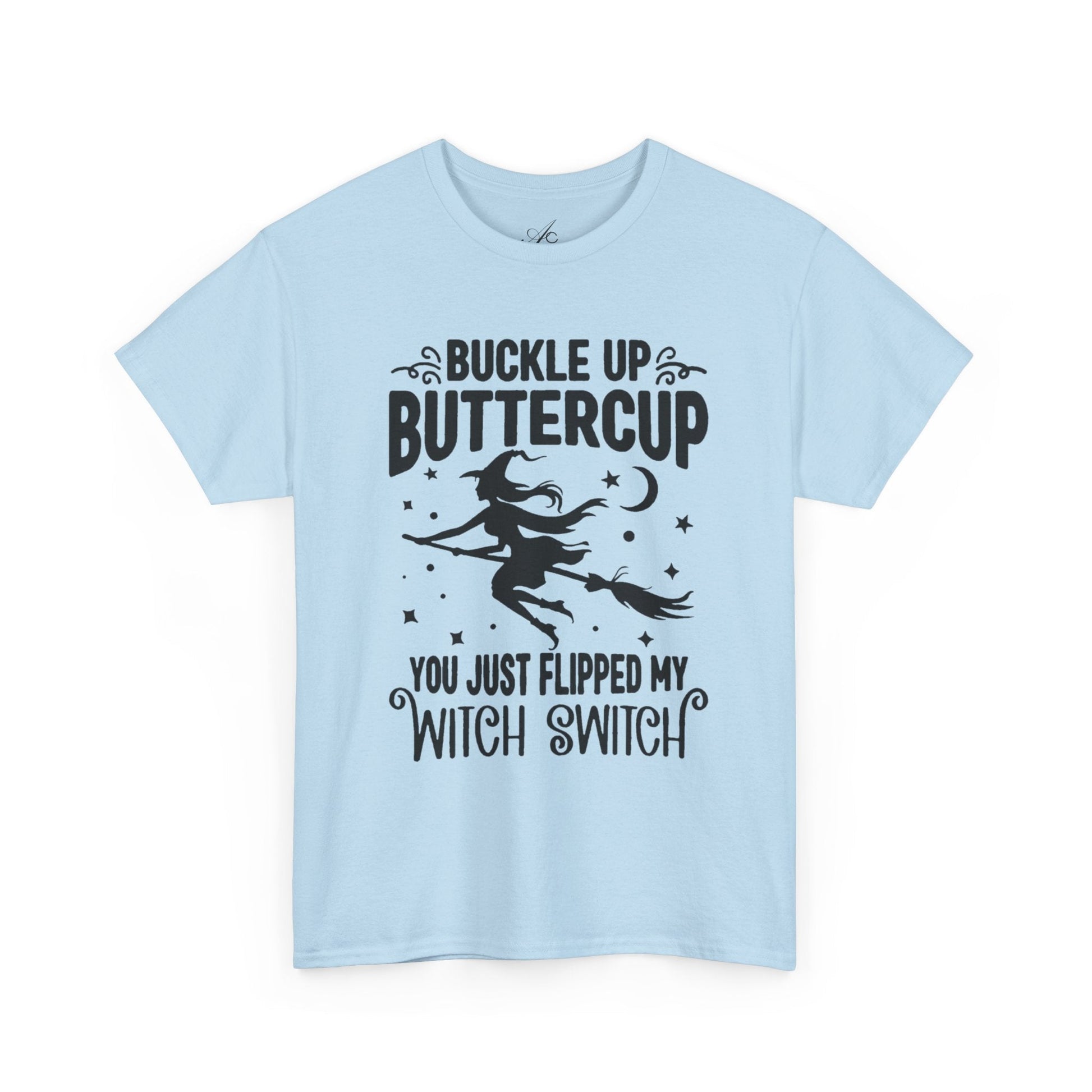 Witchy Humor Tee - Buckle Up Buttercup, Unisex Heavy Cotton Tee, Halloween Shirt, Casual Wear, Gift for Her, Funny T-Shirt - Metamorphosis Creations