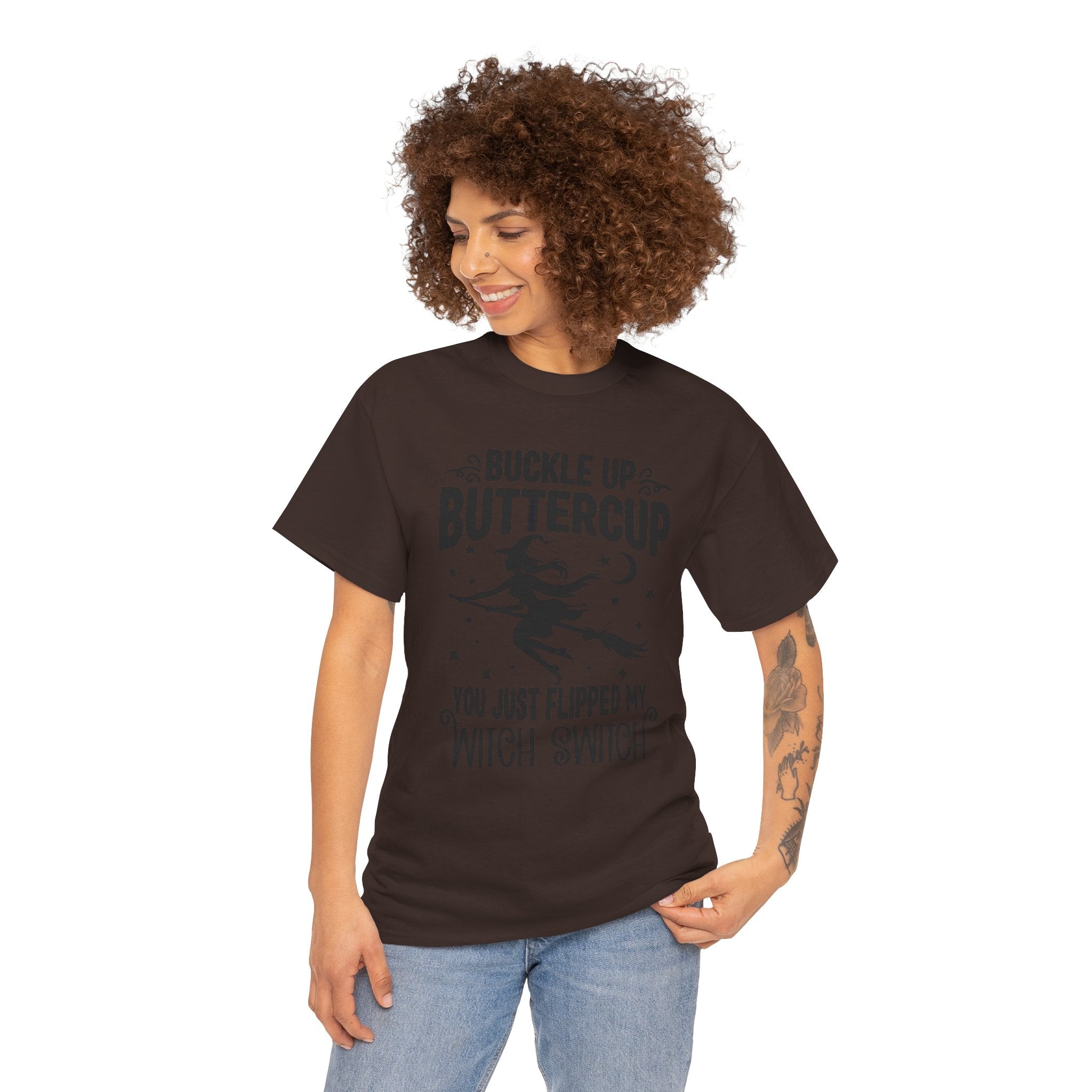 Witchy Humor Tee - Buckle Up Buttercup, Unisex Heavy Cotton Tee, Halloween Shirt, Casual Wear, Gift for Her, Funny T-Shirt - Metamorphosis Creations