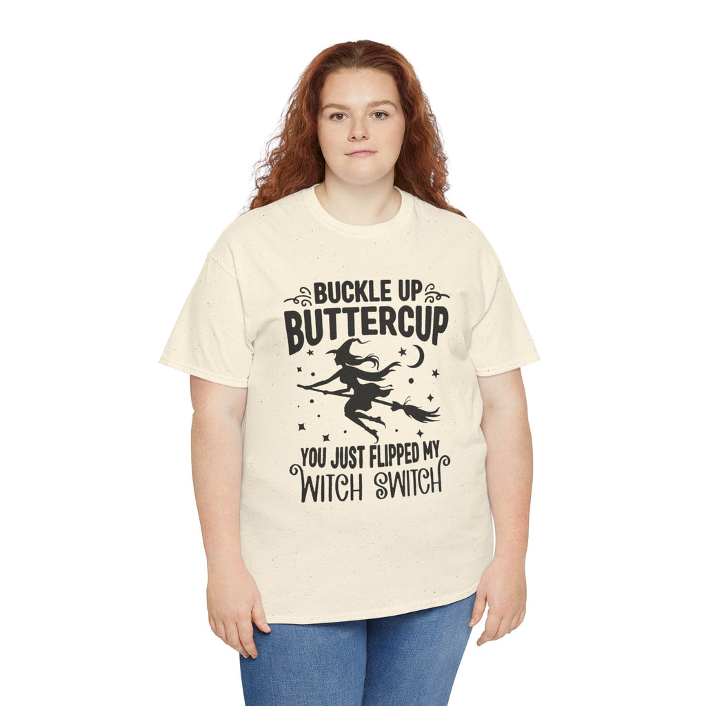 Witchy Humor Tee - Buckle Up Buttercup, Unisex Heavy Cotton Tee, Halloween Shirt, Casual Wear, Gift for Her, Funny T-Shirt - Metamorphosis Creations