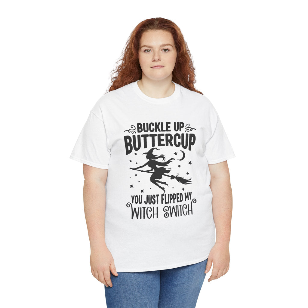 Witchy Humor Tee - Buckle Up Buttercup, Unisex Heavy Cotton Tee, Halloween Shirt, Casual Wear, Gift for Her, Funny T-Shirt - Metamorphosis Creations