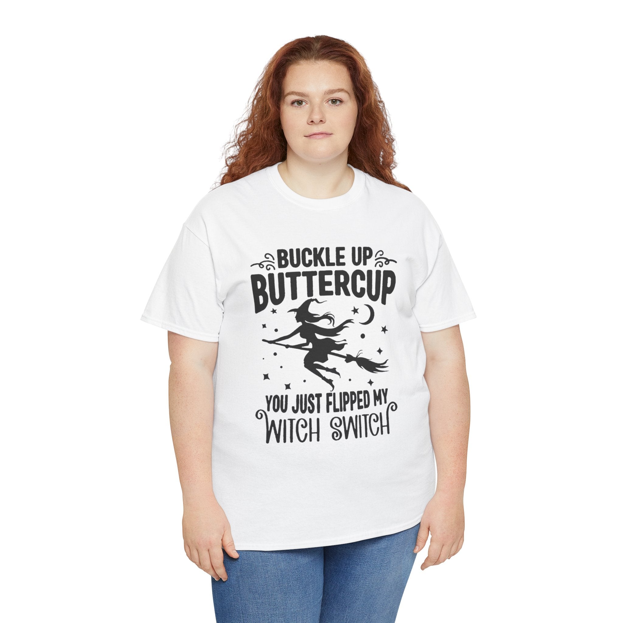 Witchy Humor Tee - Buckle Up Buttercup, Unisex Heavy Cotton Tee, Halloween Shirt, Casual Wear, Gift for Her, Funny T-Shirt - Metamorphosis Creations