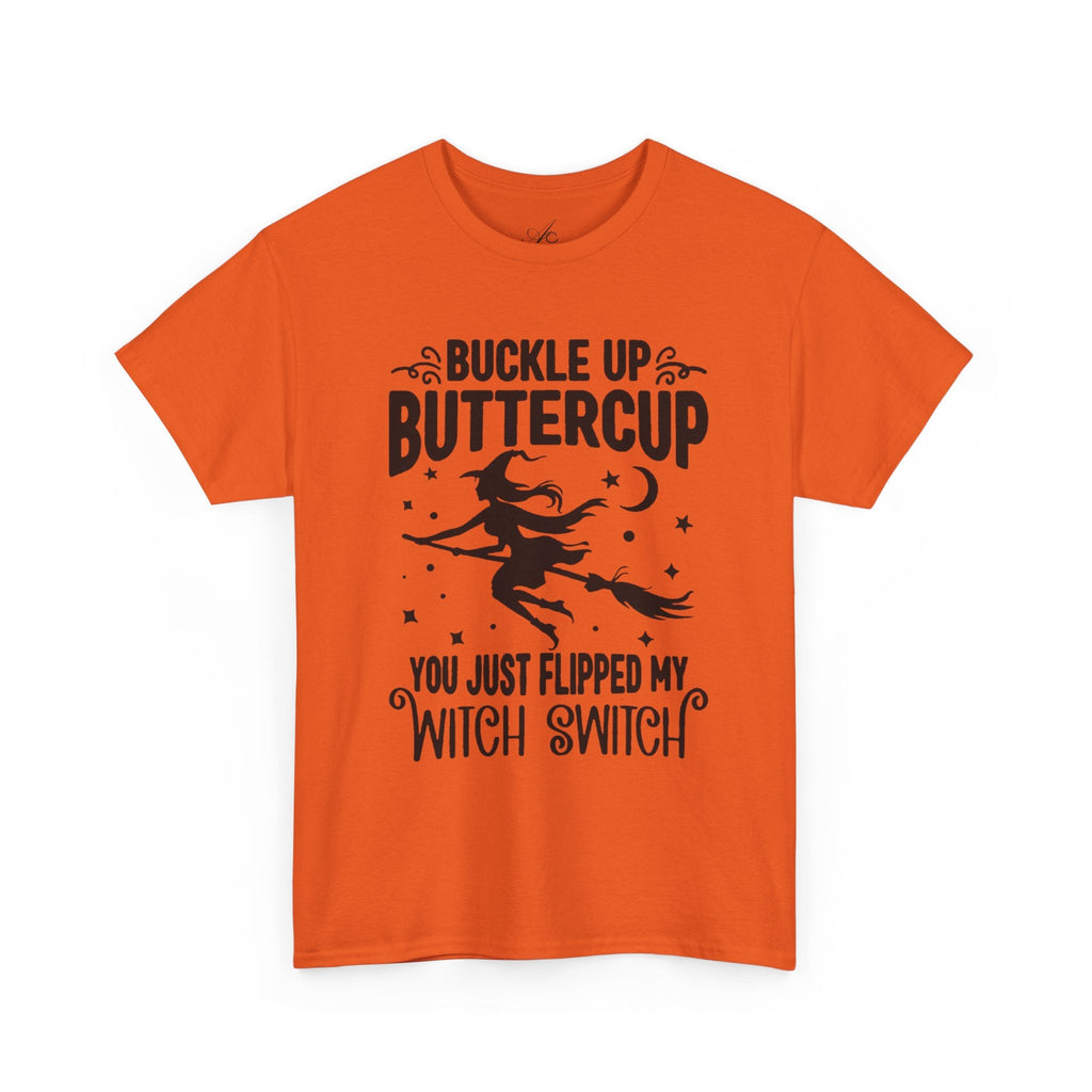 Witchy Humor Tee - Buckle Up Buttercup, Unisex Heavy Cotton Tee, Halloween Shirt, Casual Wear, Gift for Her, Funny T-Shirt - Metamorphosis Creations