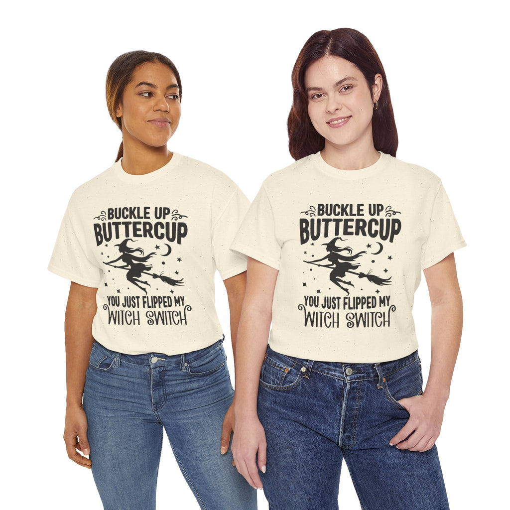 Witchy Humor Tee - Buckle Up Buttercup, Unisex Heavy Cotton Tee, Halloween Shirt, Casual Wear, Gift for Her, Funny T-Shirt - Metamorphosis Creations