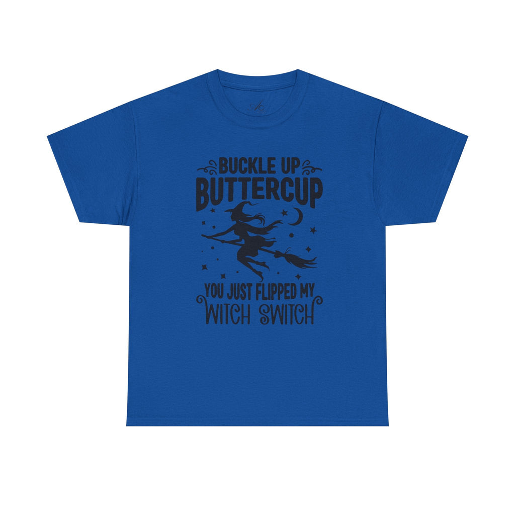 Witchy Humor Tee - Buckle Up Buttercup, Unisex Heavy Cotton Tee, Halloween Shirt, Casual Wear, Gift for Her, Funny T-Shirt - Metamorphosis Creations