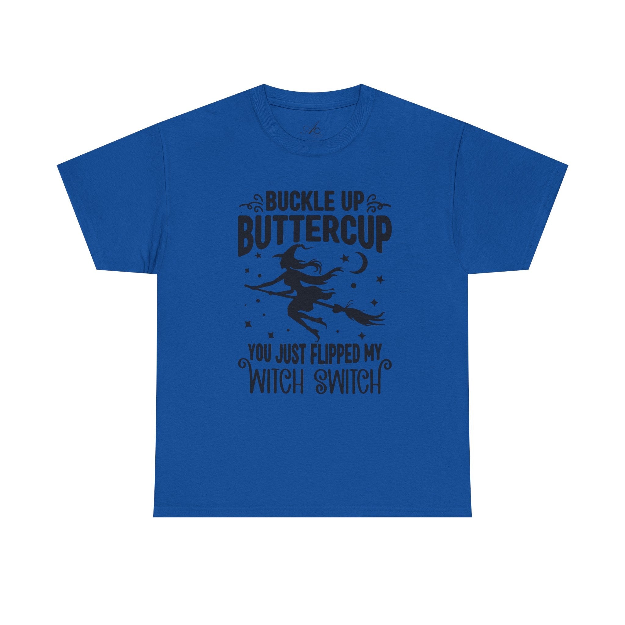 Witchy Humor Tee - Buckle Up Buttercup, Unisex Heavy Cotton Tee, Halloween Shirt, Casual Wear, Gift for Her, Funny T-Shirt - Metamorphosis Creations