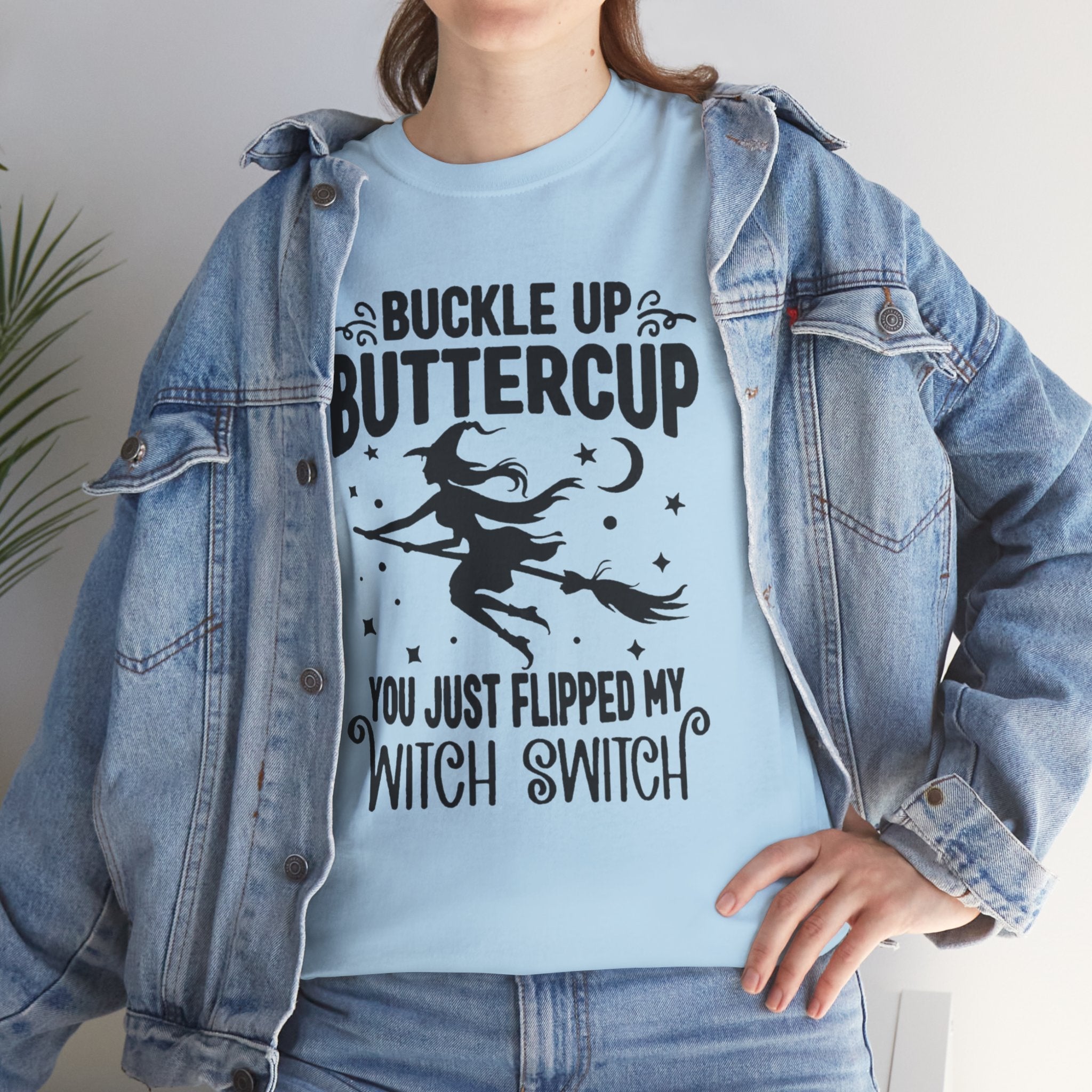 Witchy Humor Tee - Buckle Up Buttercup, Unisex Heavy Cotton Tee, Halloween Shirt, Casual Wear, Gift for Her, Funny T-Shirt - Metamorphosis Creations