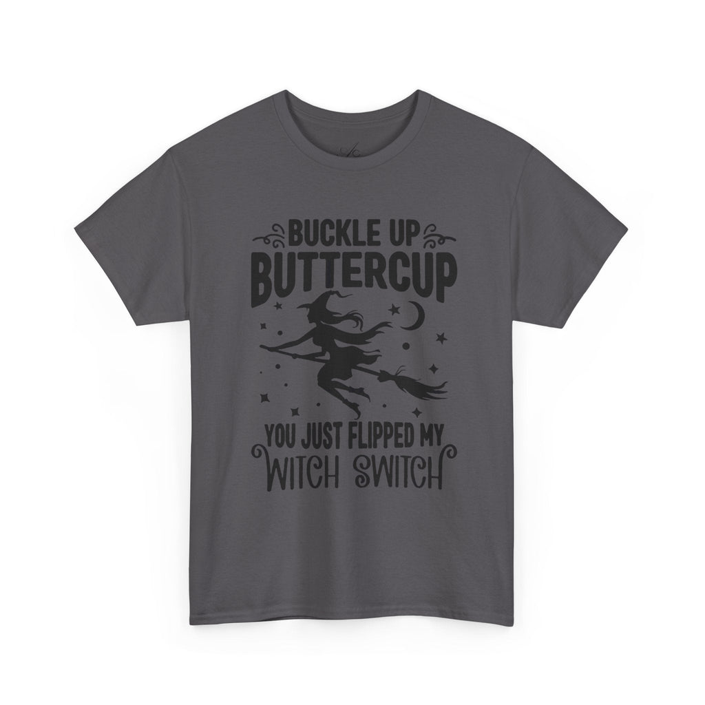 Witchy Humor Tee - Buckle Up Buttercup, Unisex Heavy Cotton Tee, Halloween Shirt, Casual Wear, Gift for Her, Funny T-Shirt - Metamorphosis Creations