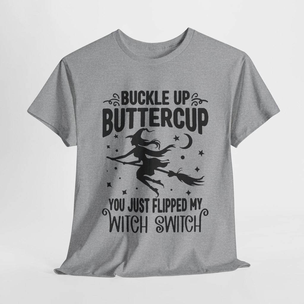 Witchy Humor Tee - Buckle Up Buttercup, Unisex Heavy Cotton Tee, Halloween Shirt, Casual Wear, Gift for Her, Funny T-Shirt - Metamorphosis Creations