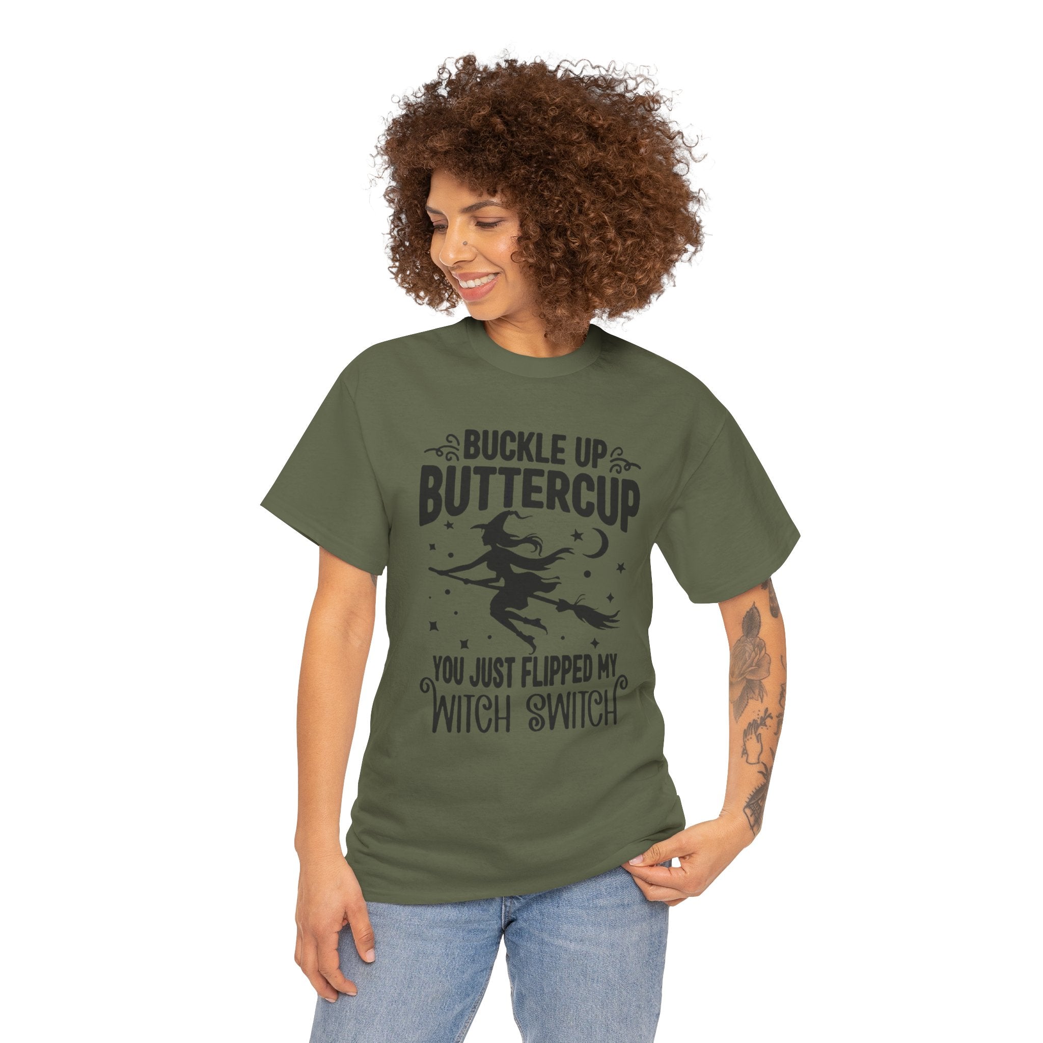 Witchy Humor Tee - Buckle Up Buttercup, Unisex Heavy Cotton Tee, Halloween Shirt, Casual Wear, Gift for Her, Funny T-Shirt - Metamorphosis Creations