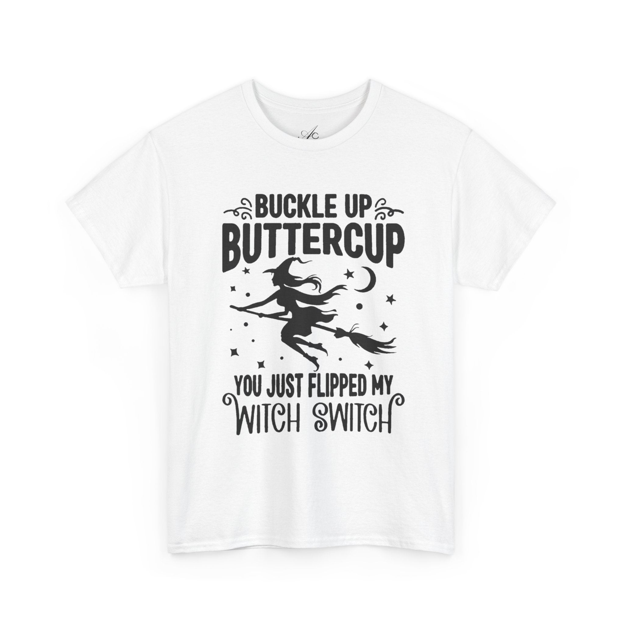 Witchy Humor Tee - Buckle Up Buttercup, Unisex Heavy Cotton Tee, Halloween Shirt, Casual Wear, Gift for Her, Funny T-Shirt - Metamorphosis Creations