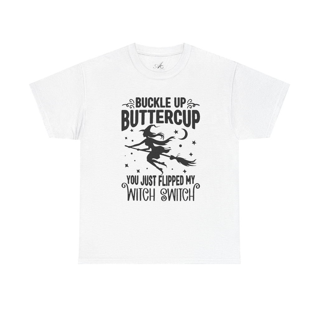 Witchy Humor Tee - Buckle Up Buttercup, Unisex Heavy Cotton Tee, Halloween Shirt, Casual Wear, Gift for Her, Funny T-Shirt - Metamorphosis Creations