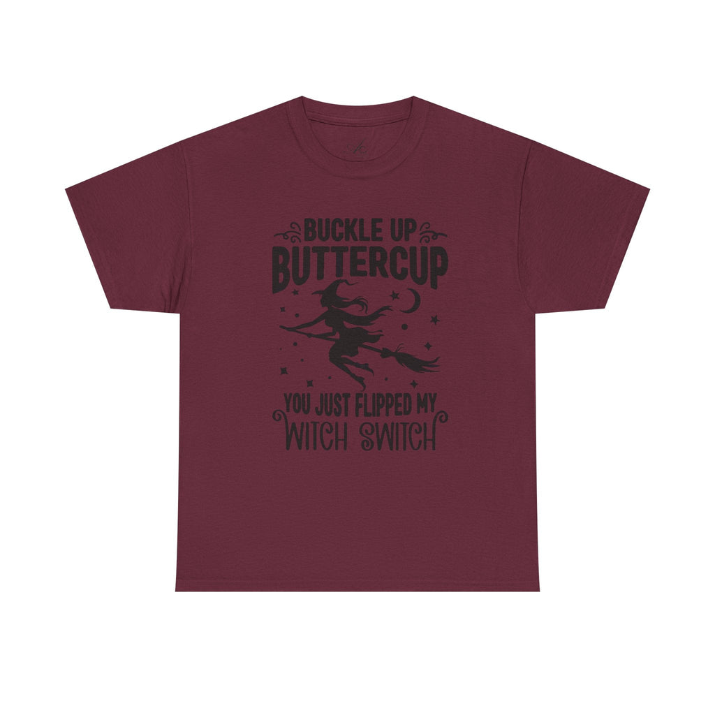Witchy Humor Tee - Buckle Up Buttercup, Unisex Heavy Cotton Tee, Halloween Shirt, Casual Wear, Gift for Her, Funny T-Shirt - Metamorphosis Creations