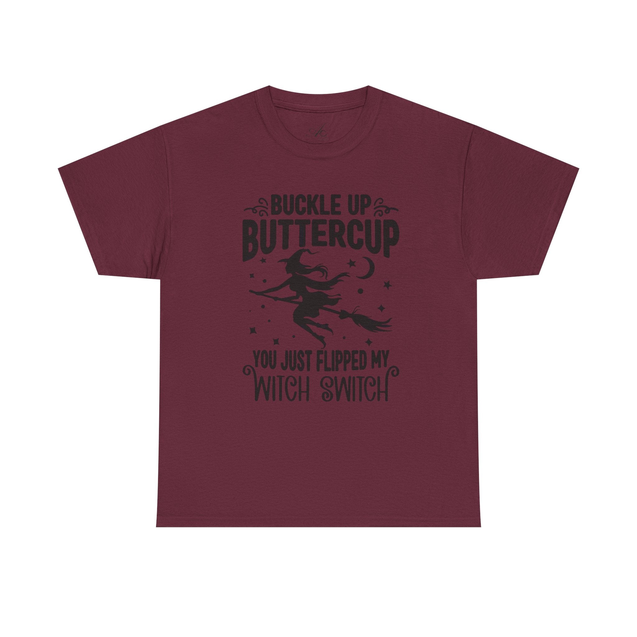 Witchy Humor Tee - Buckle Up Buttercup, Unisex Heavy Cotton Tee, Halloween Shirt, Casual Wear, Gift for Her, Funny T-Shirt - Metamorphosis Creations