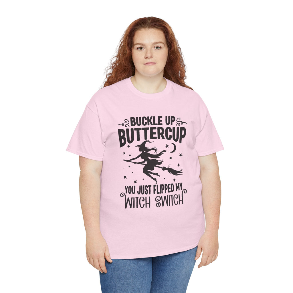 Witchy Humor Tee - Buckle Up Buttercup, Unisex Heavy Cotton Tee, Halloween Shirt, Casual Wear, Gift for Her, Funny T-Shirt - Metamorphosis Creations