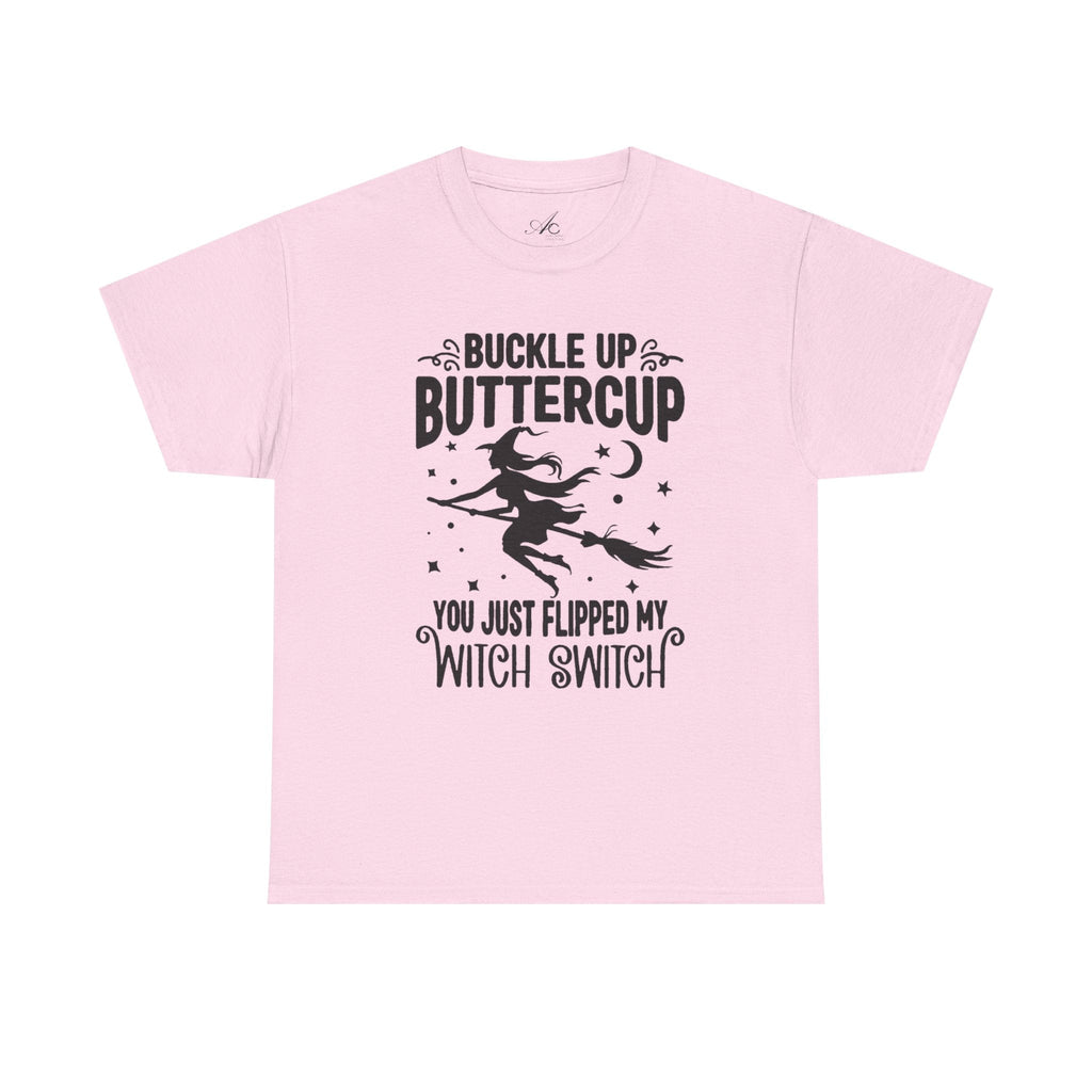 Witchy Humor Tee - Buckle Up Buttercup, Unisex Heavy Cotton Tee, Halloween Shirt, Casual Wear, Gift for Her, Funny T-Shirt - Metamorphosis Creations