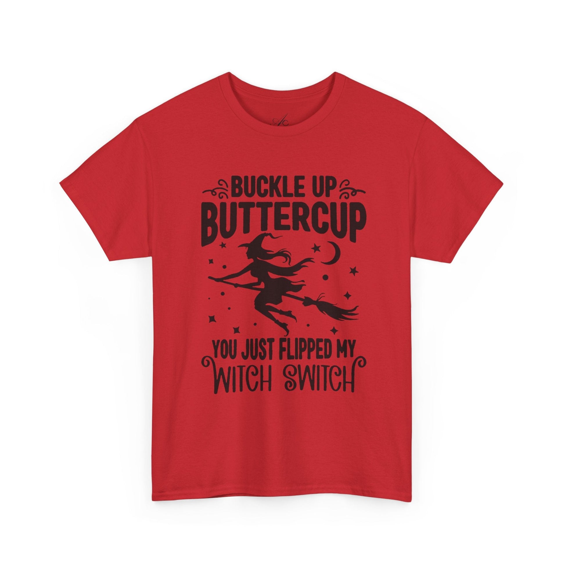 Witchy Humor Tee - Buckle Up Buttercup, Unisex Heavy Cotton Tee, Halloween Shirt, Casual Wear, Gift for Her, Funny T-Shirt - Metamorphosis Creations