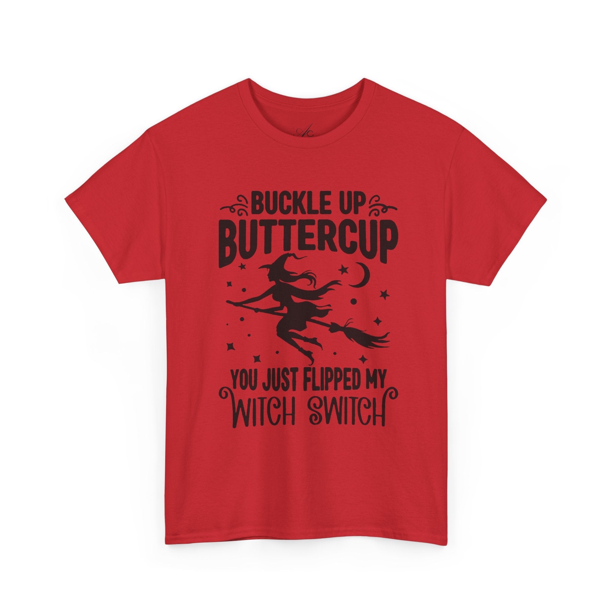 Witchy Humor Tee - Buckle Up Buttercup, Unisex Heavy Cotton Tee, Halloween Shirt, Casual Wear, Gift for Her, Funny T-Shirt - Metamorphosis Creations