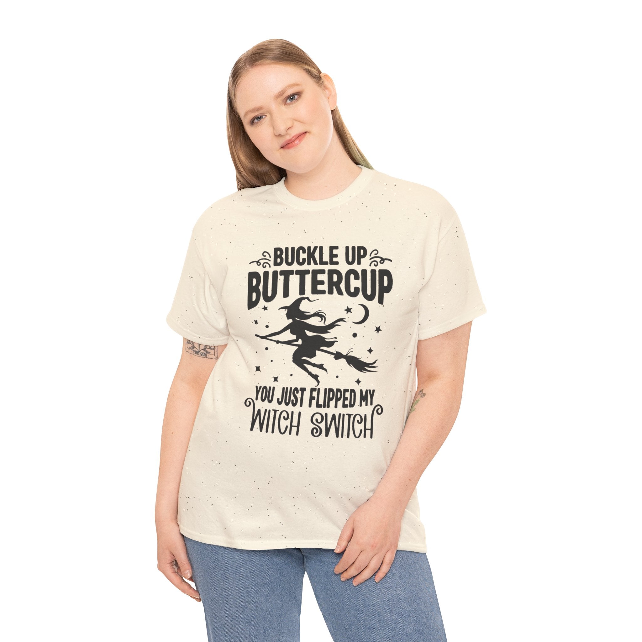 Witchy Humor Tee - Buckle Up Buttercup, Unisex Heavy Cotton Tee, Halloween Shirt, Casual Wear, Gift for Her, Funny T-Shirt - Metamorphosis Creations