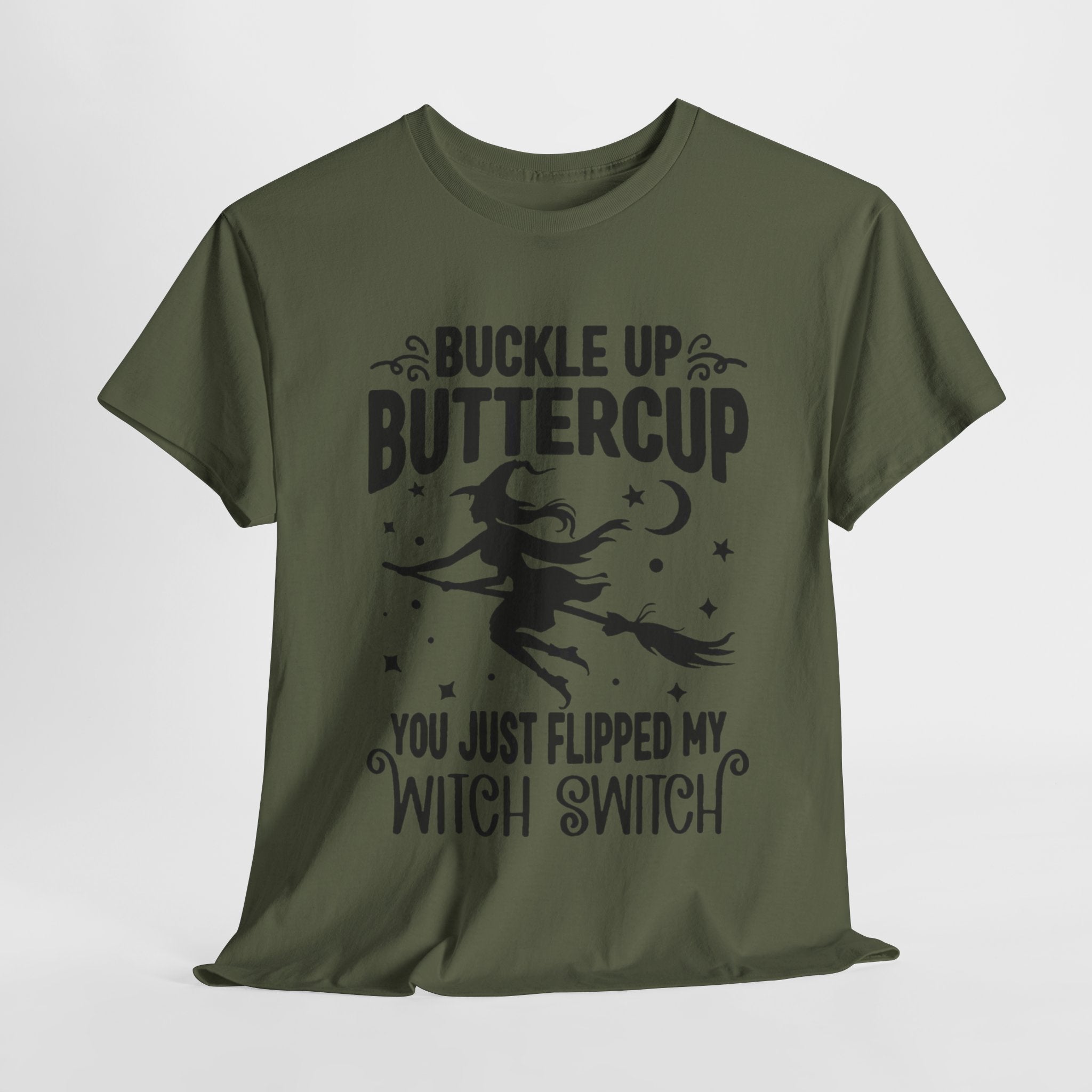 Witchy Humor Tee - Buckle Up Buttercup, Unisex Heavy Cotton Tee, Halloween Shirt, Casual Wear, Gift for Her, Funny T-Shirt - Metamorphosis Creations