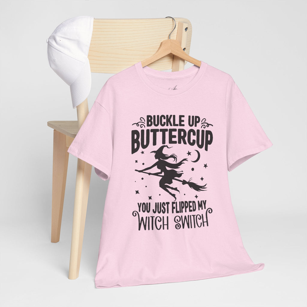 Witchy Humor Tee - Buckle Up Buttercup, Unisex Heavy Cotton Tee, Halloween Shirt, Casual Wear, Gift for Her, Funny T-Shirt - Metamorphosis Creations